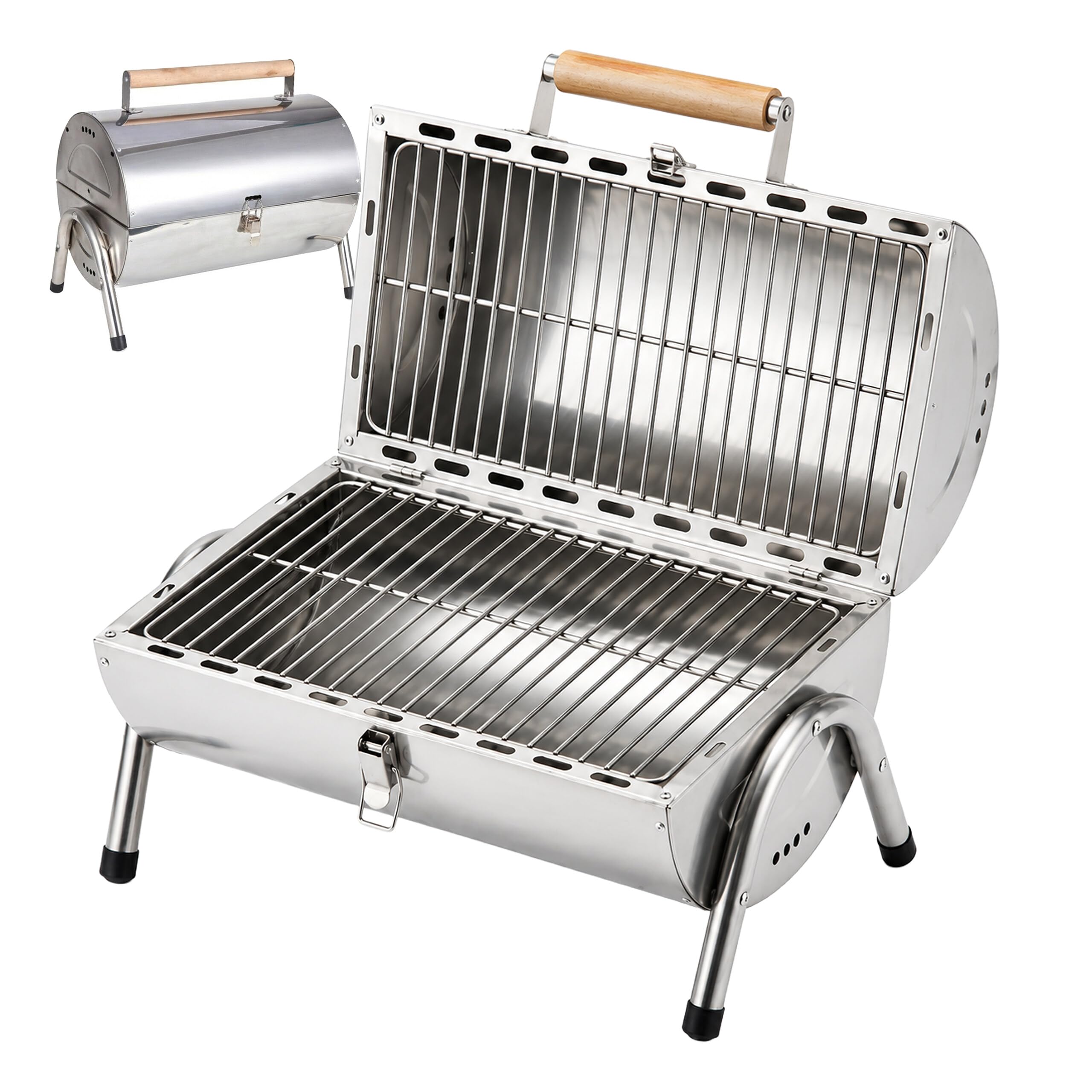 Relaxdays Barbecue de table 2 grilles 34 x 21,5 cm, argent | camping & outdoor, pliable et fumoir, poignée bois, inox