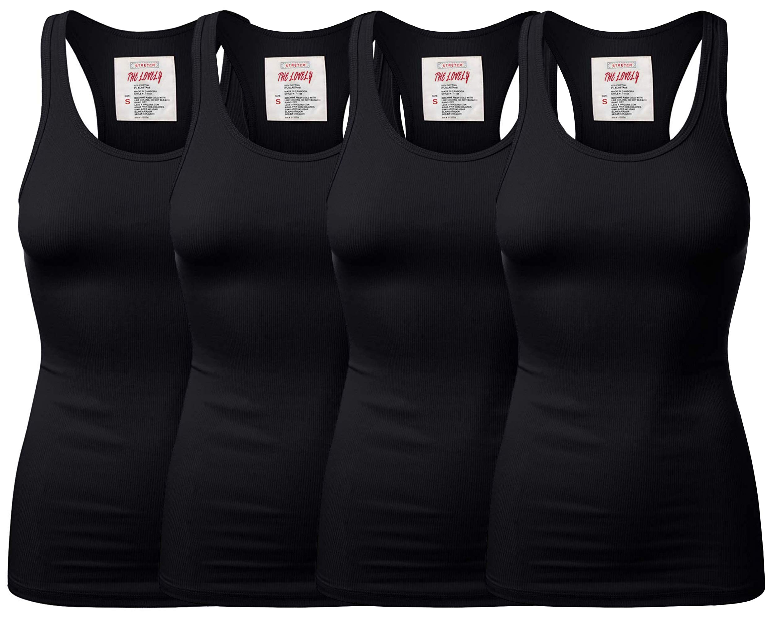 Women Juniors Solid Ribbed Knit Stretch Workout Racerback Tank Top 4PK Black Black Black Black 1X