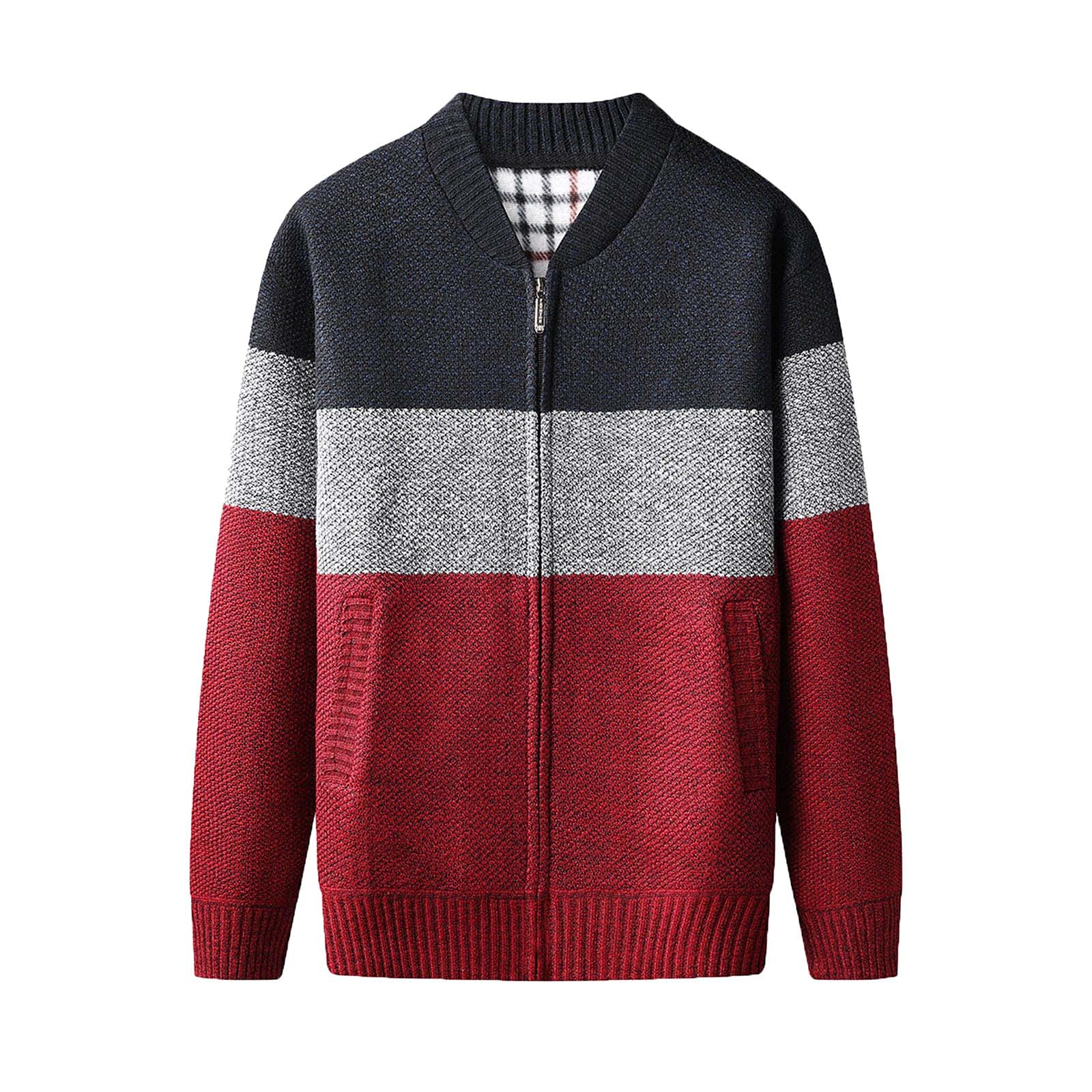 Men's Classic Band Collar Full Zip Color-Block Stripe Cable Knitted Cardigan Sweater Coat with male coat