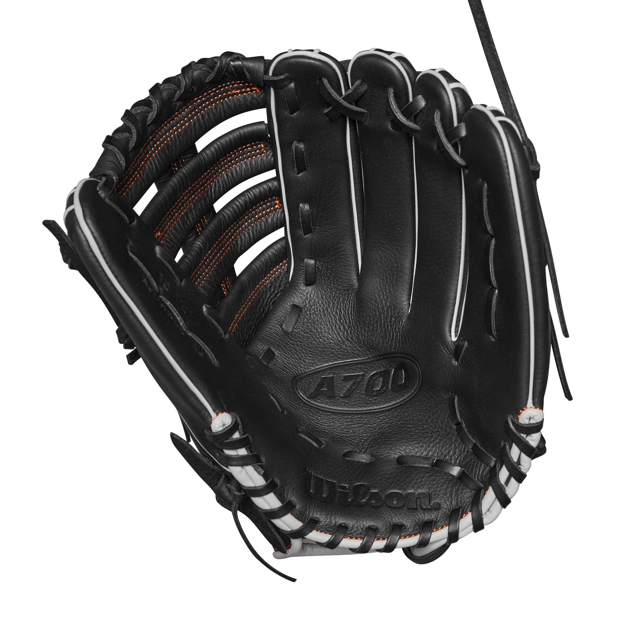 Wilson A700 Guanto da baseball campo esterno 12,5" (31,75 cm) nero argento arancio lancio mano destra