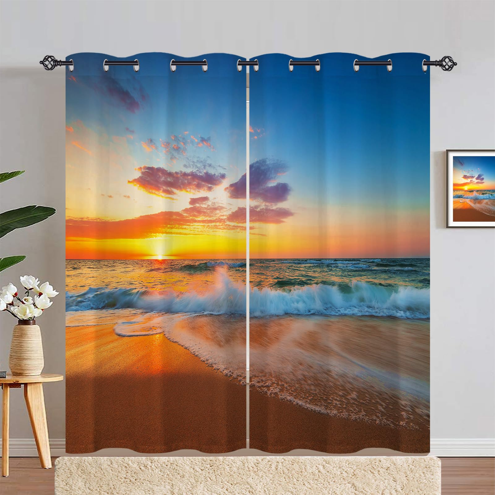 ANHOPE Sunrise Sunset Beach Curtains Eyelet Soft Thermal Insulated Blackout Curtains Tropical Coastal Seaside Ocean Print Pattern Ring Top Drapes for Bedroom Living Room 55 x 90 Inch Drop 2 Panels โ image 1