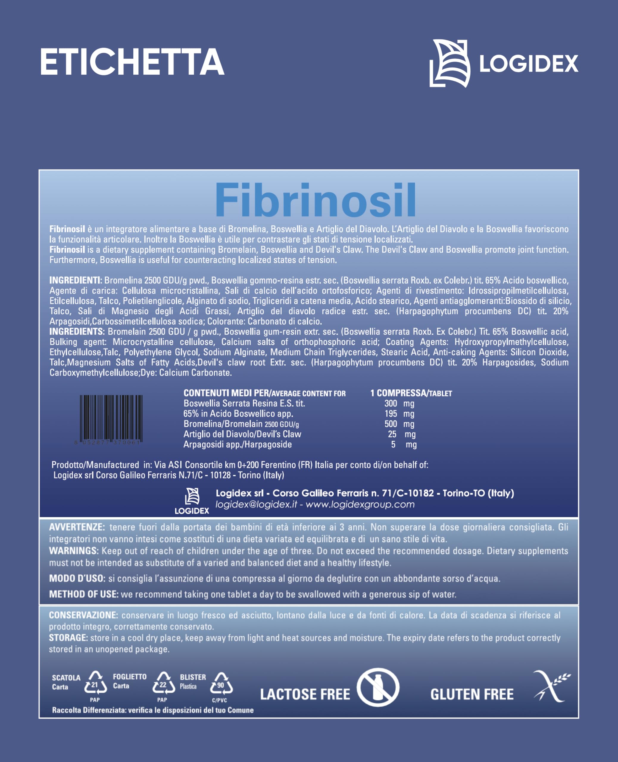 Fibrinosil - Integratore Antinfiammatorio Naturale Dolori Articolari e Muscolari con Artiglio del Diavolo Forte, Bromelina e Boswellia, Miorilassante muscolare – 20 Compresse – Logidex