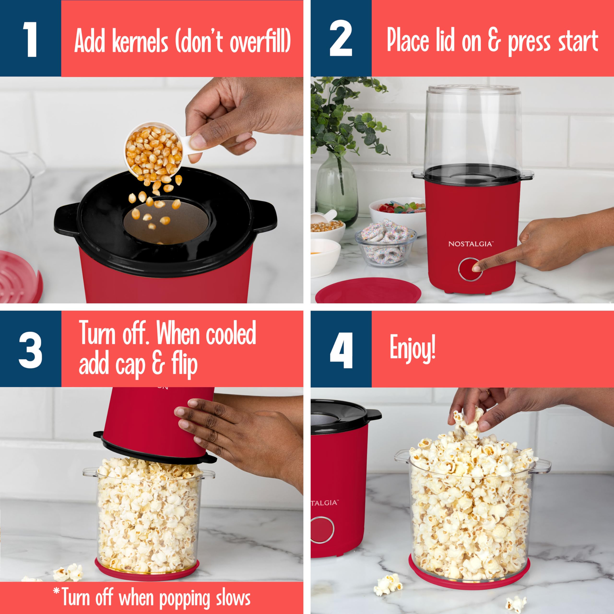 Nostalgia Máquina de palomitas de maíz de aire caliente con 8 tazas, tazón y tapa 2 en 1, taza dosificadora de 56 ml, pop maíz exento de aceite para noche de cine, aperitivos, fiestas de cumpleaños y