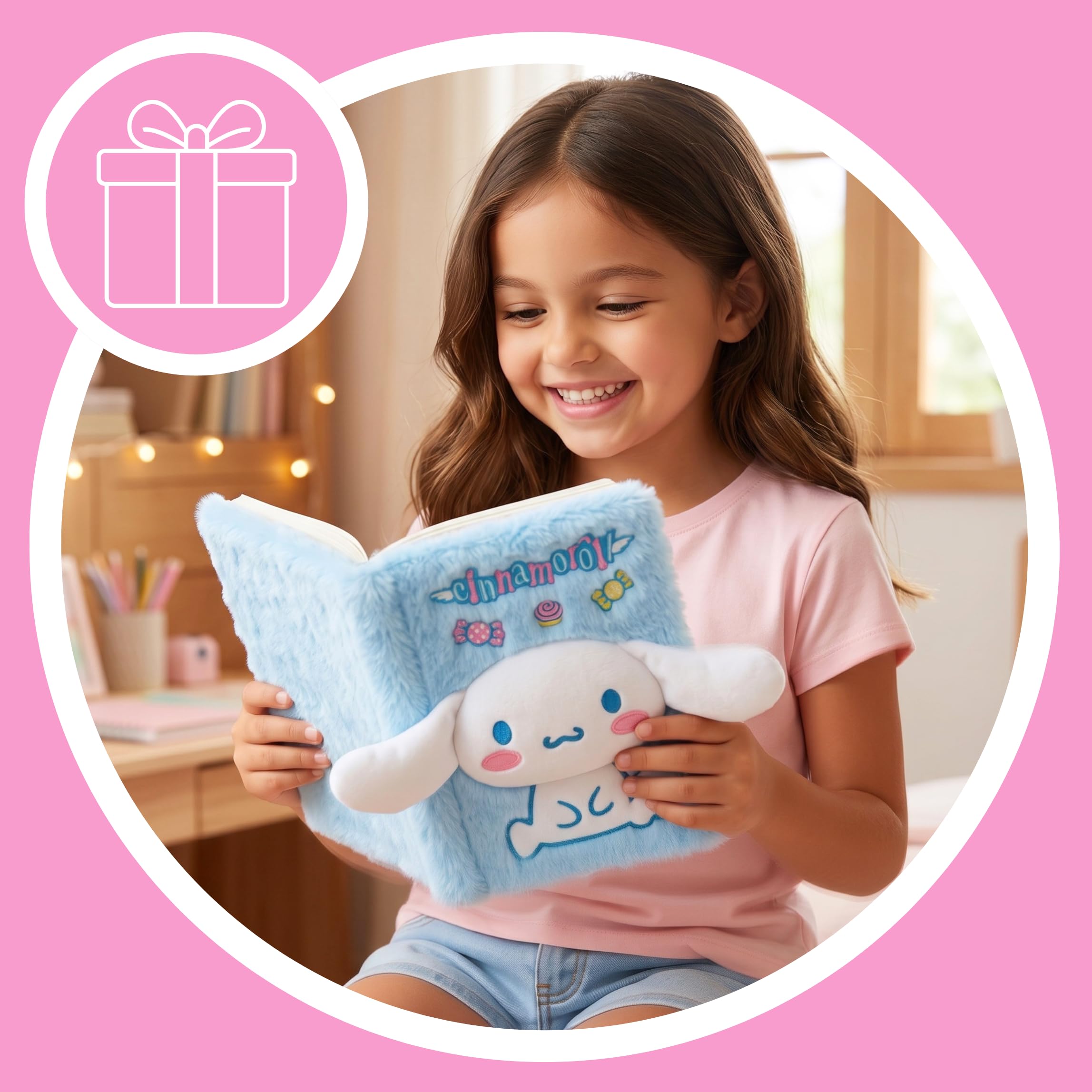 Hello Kitty Cinnamoroll Ensemble de Papeterie pour Filles, Comprenant Carnet en Peluche 3D, Règle, Taille-Crayon, Gomme, Bloc-Notes et Un Crayon, Cadeau pour Enfants