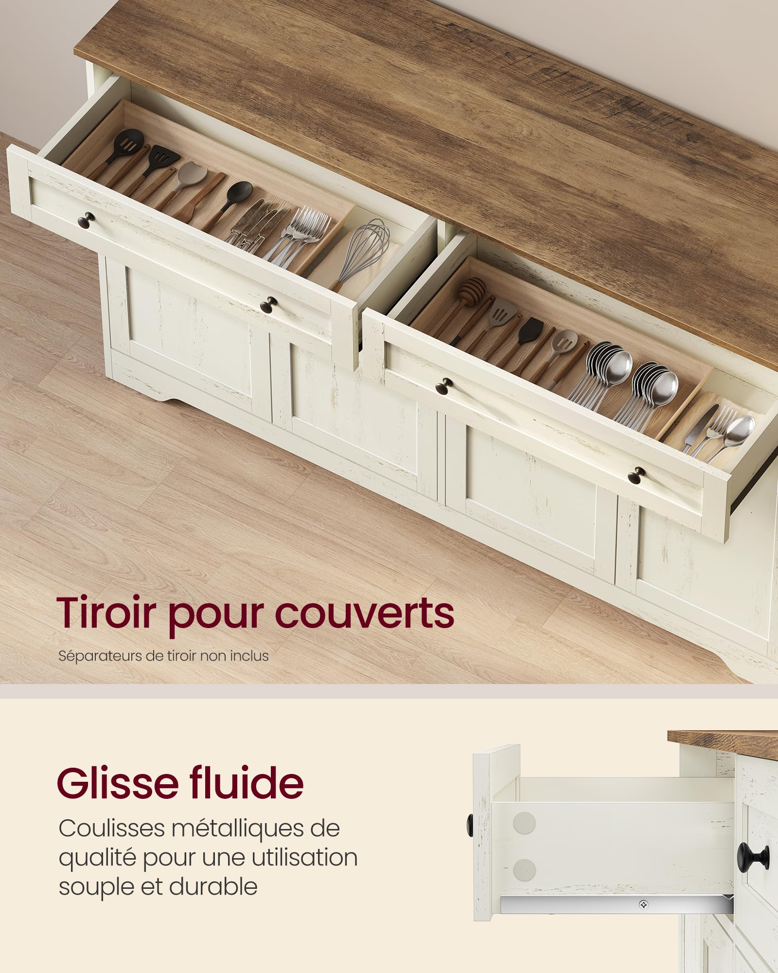 VASAGLE Siren Collection - Meuble de Rangement, Buffet de Cuisine, Style Maison de Campagne, avec 2 Tiroirs, Étagères Réglables, 4 Portes, Bar à Café, 40 x 140 x 80 cm, Blanc Rustique LSC541WJ01