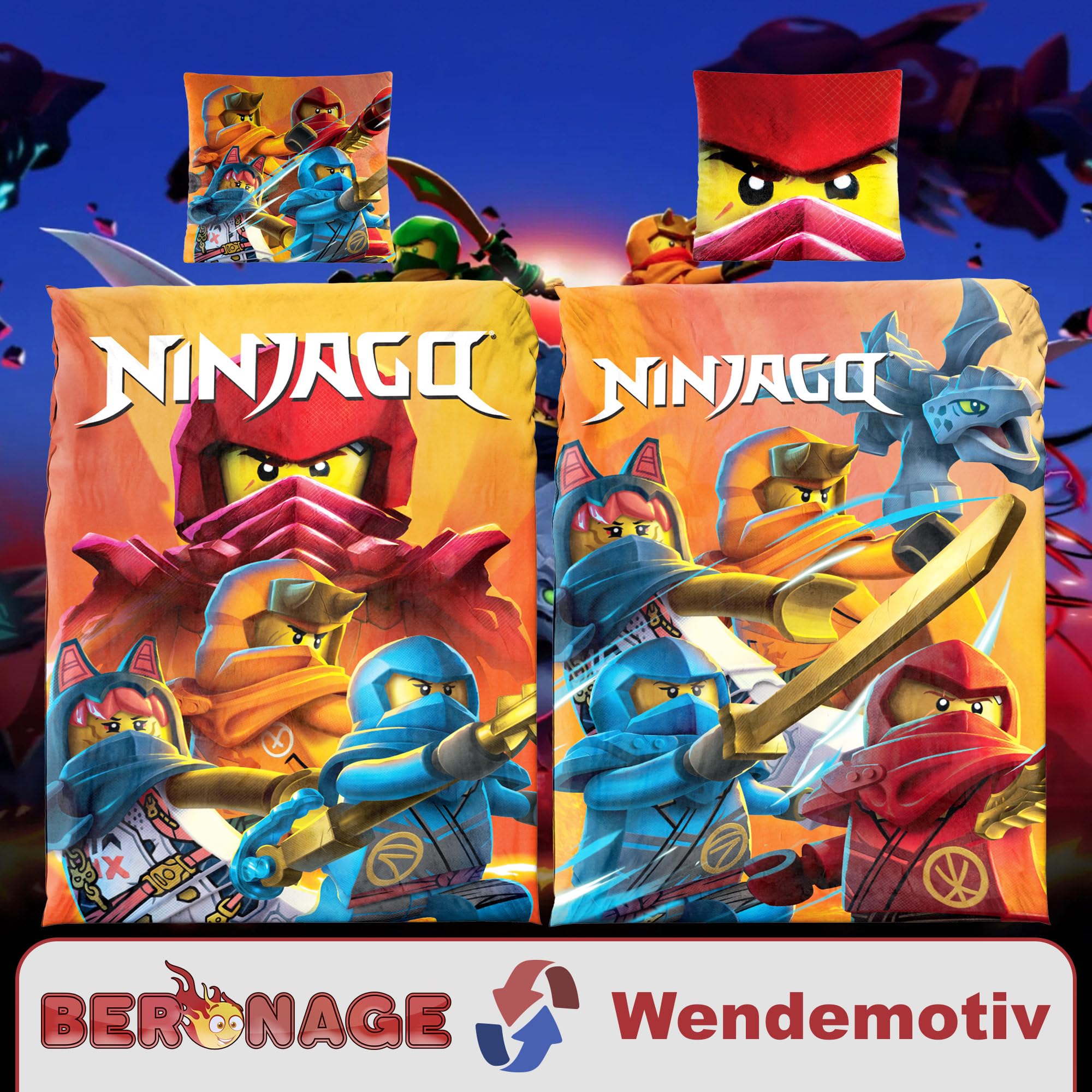 Lego Ninjago Movie Battle Parure de lit pour enfant – 135 x 200 cm + 80 x 80 cm – 100 % linon de coton – Cole – Jay – Kai – Lloyd – Zane – NYA – Misako – Sensei Wu – Renforcé – Taille allemande –