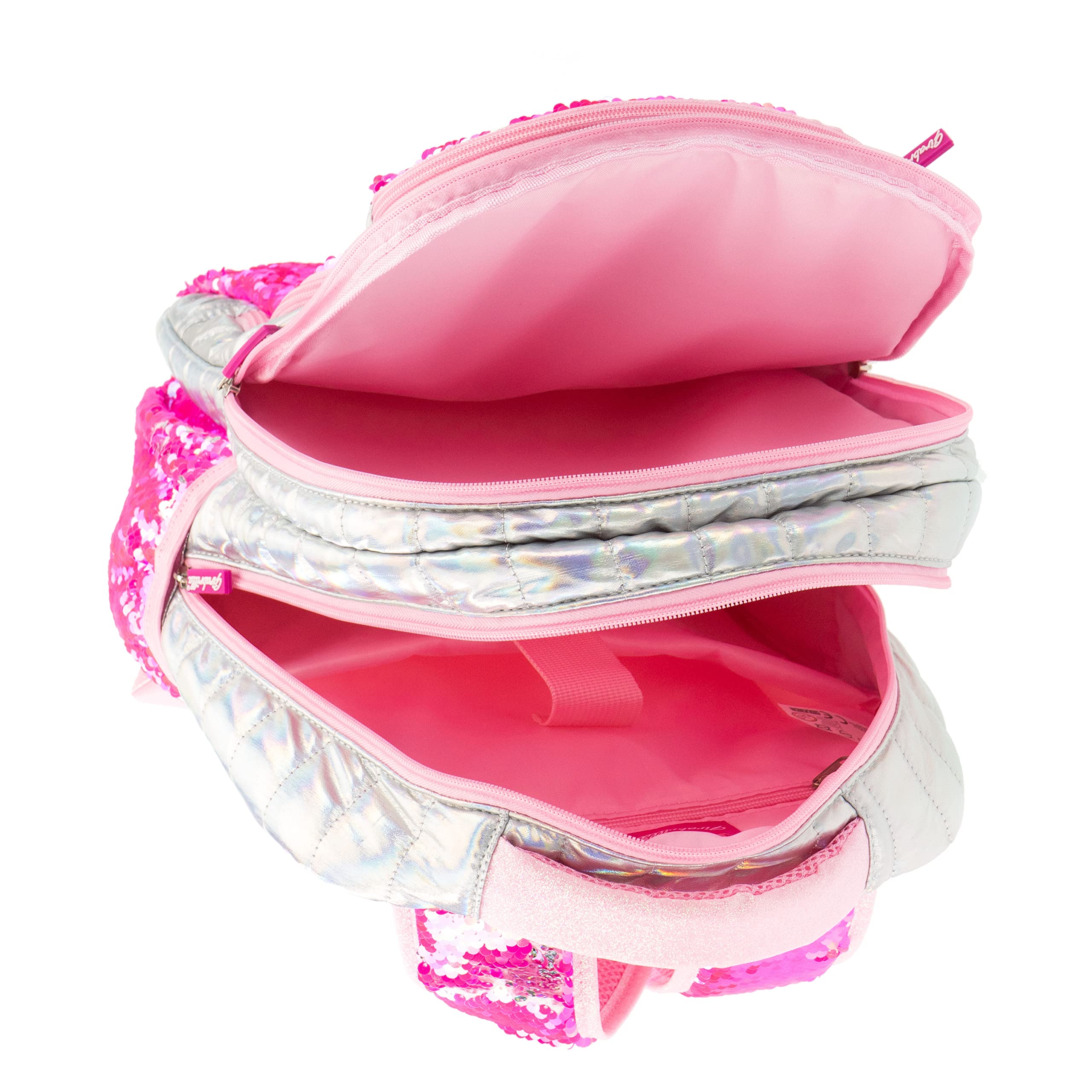 Girabrilla Nice Group Zaino Puffer Scuola per Bambine e Ragazze, Effetto Piumino, Doppia Tasca con Paillettes reversibili, Colore Rosa Fluo