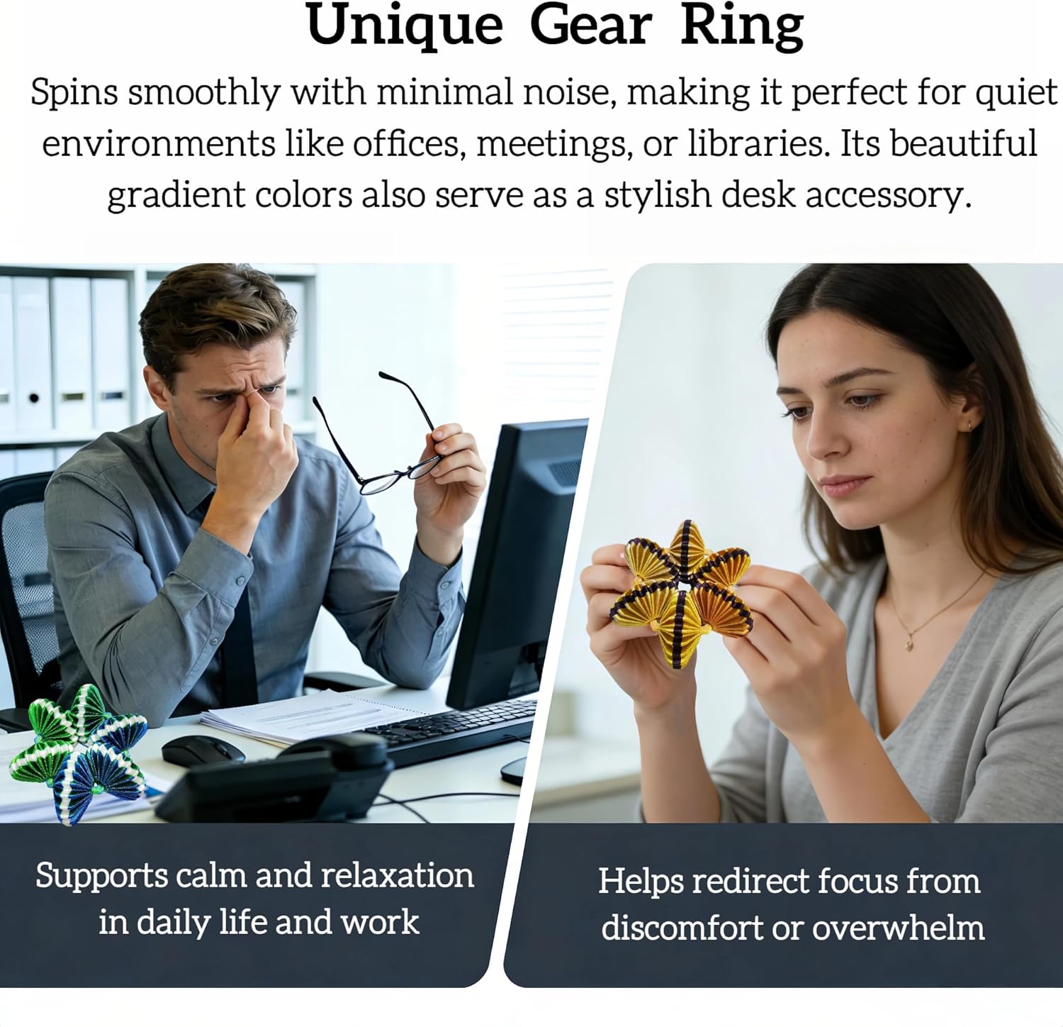 Gear Spinner Ring 3D Printed Silence Office Fidget Toy, Stress Relief Hand Massager Sensory Toys for Kids and Adults,Graduation Gifts,Desk Toys Desk Decor(Green Gradient & White Luminous)