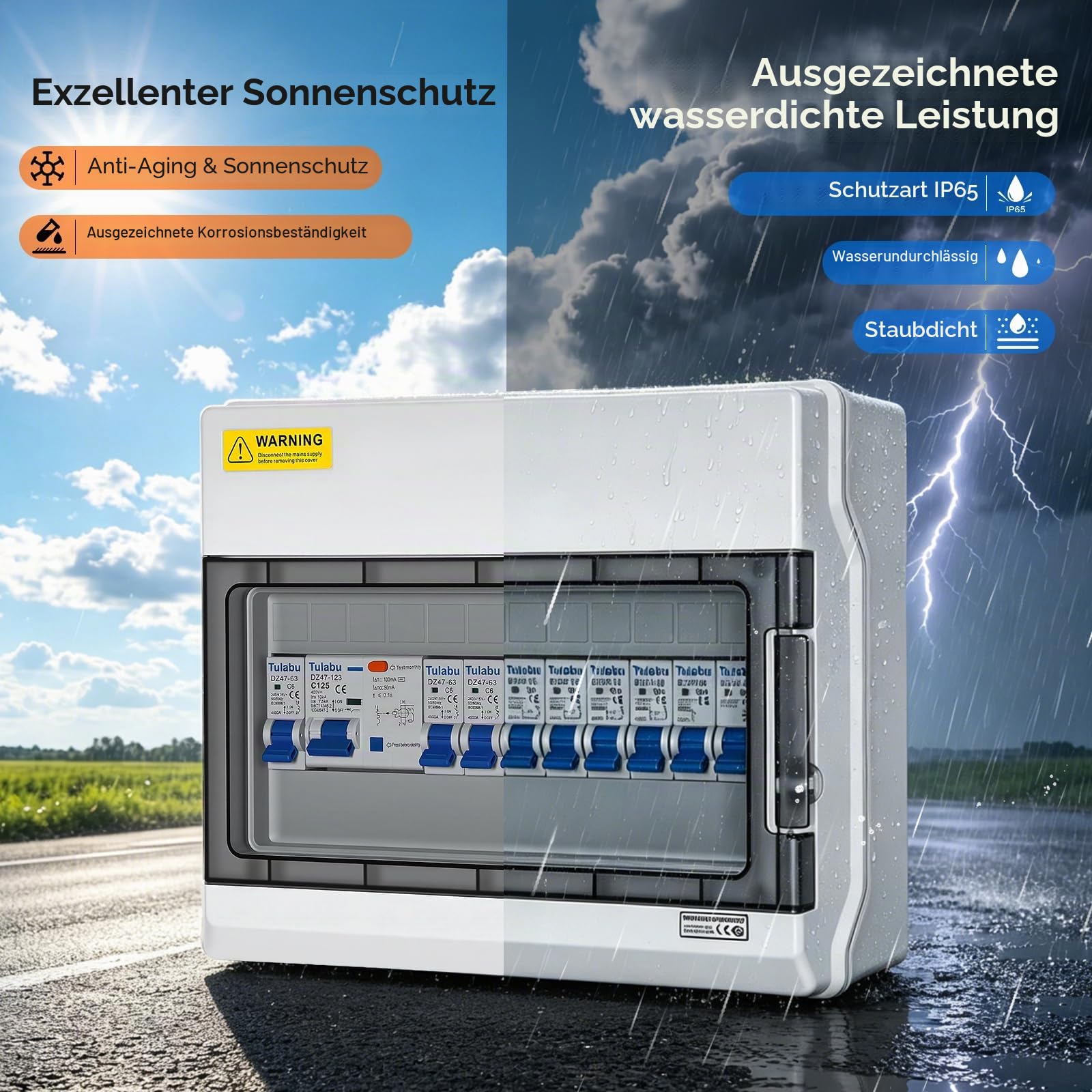 Sicherungskasten Aufputz IP65 mit FI-Schutzschalter, Verteilerkasten Aufputz 125A Hauptschalter, 2x C16A 3x C10A 4x C6A
