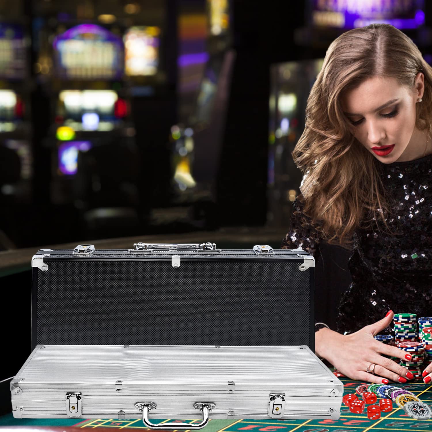 NAIZY Mallette de Poker 500 Jetons Set de Poker Laser - Set de Poker incluant 2 Jeux de Cartes, 5 Dés, Bouton Dealer/Small Blind/Big Blind Mallette de Poker en Aluminium, Couleur Argent
