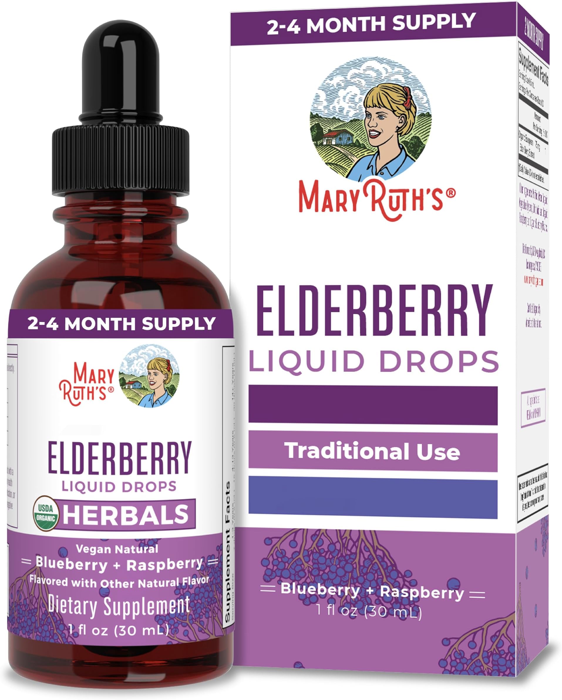Elderberry Drops, Blueberry & Raspberry Flavor, Org, Dietary Supplement, 30ml, Vegan, Gluten-Free, Soy-Free