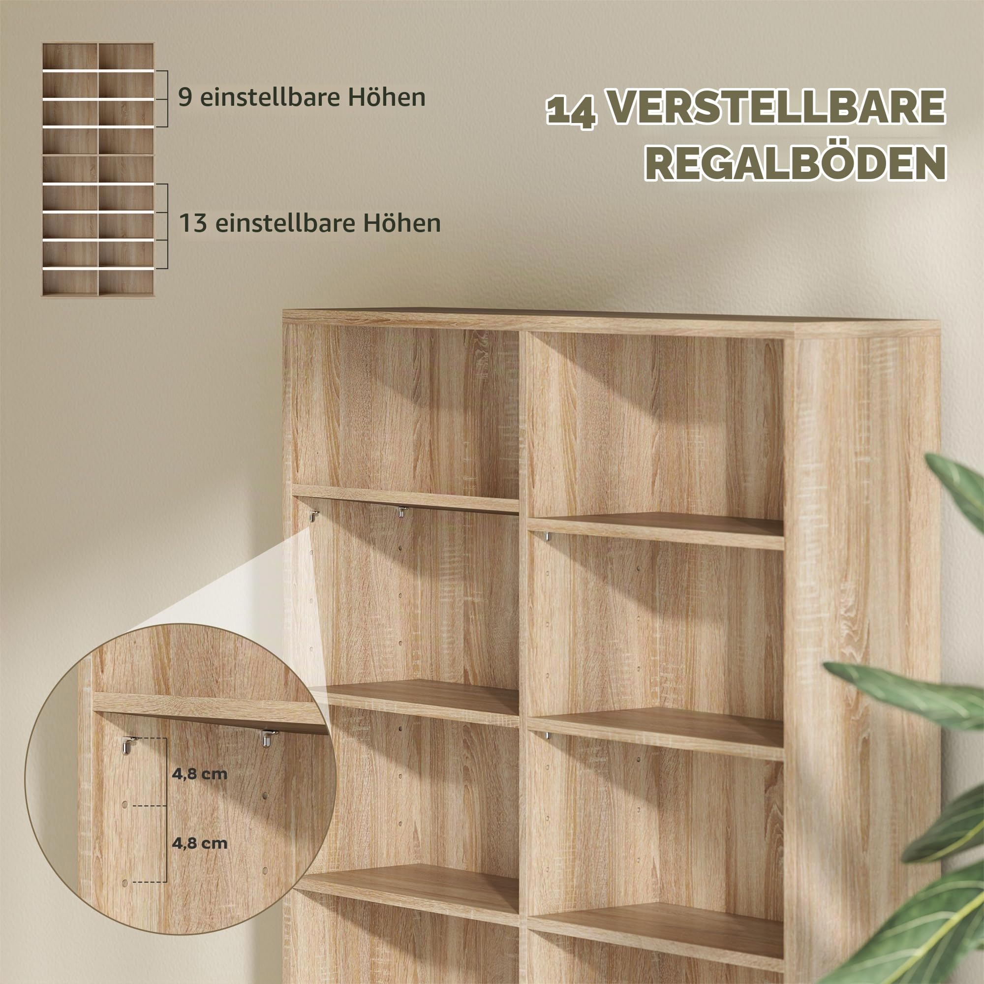 HOMCOM CD- und DVD-Aufbewahrung, Multimedia-Aufbewahrungsmöbel, max. Kapazität 640 CDs/360 DVDs und 430 Blu-ray, 18 Fächer 14 verstellbare Regale, für Wohnzimmer, Schlafzimmer, 78,5x24x175cm,