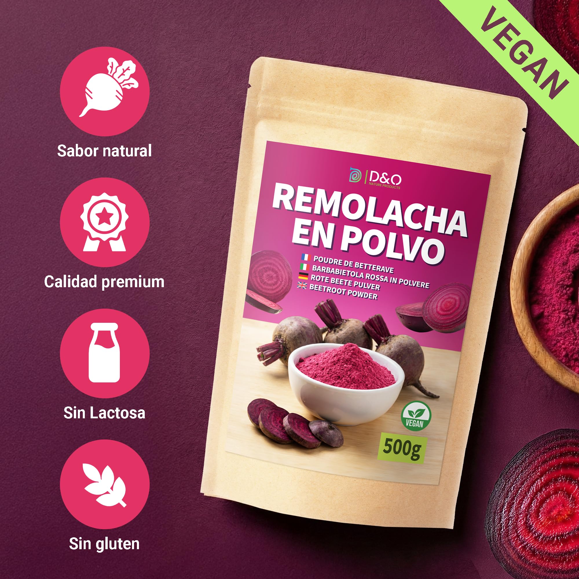 Remolacha en Polvo 500g - 100% Natural, Secado Suavemente al Aire, Sin Aditivos, Vegano
