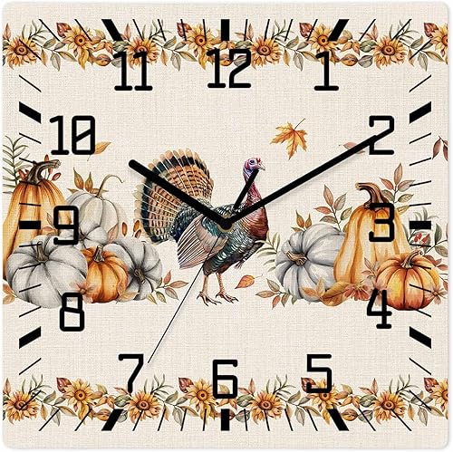 Fall Turkey Wooden Wall Clock Silent Non Ticking, Thanksgiving Botanical Country Pumpkins Square Wall Clock Battery Operated, Decor Clock for Home