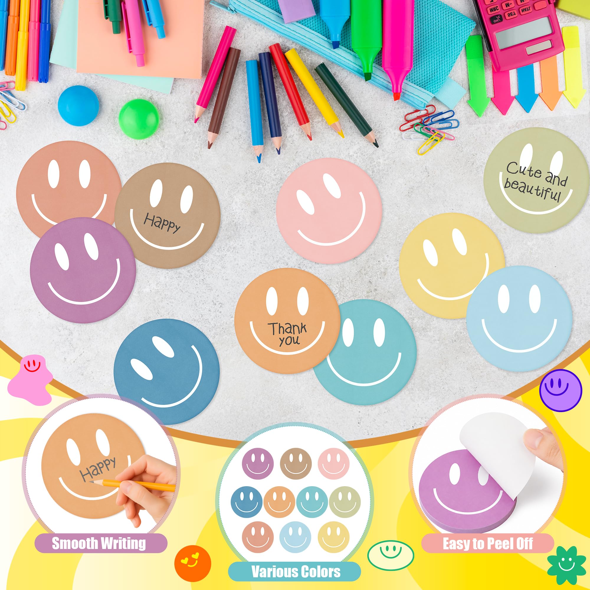 AgincBerry Boho-Haftnotizen mit lächelndem Gesicht, bunt, adrett, selbstklebend, Mini-Notizblock, kreatives Design, Notizblock, Schreiben, Haftnotizen, Büro, Zuhause, Geschenk-Tab-Zubehör, 30 Stück