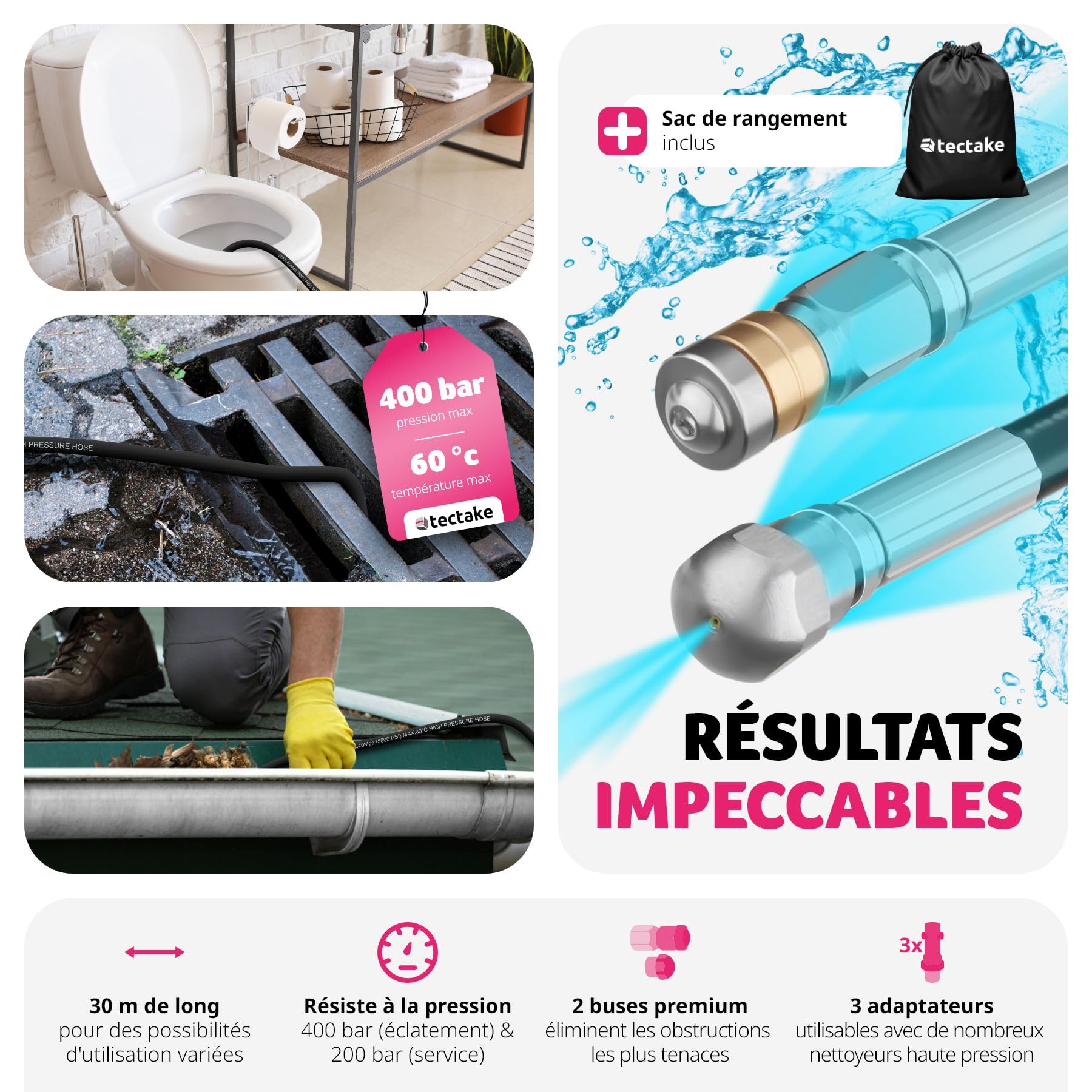 tectake® Set de Tuyau fléxible 30m pour nettoyeurs haute-pression Déboucheur canalisation Déboucheur Evier WC Douche avec 2 buses & 3 adaptateurs, Accessoires nettoyeurs haute pression