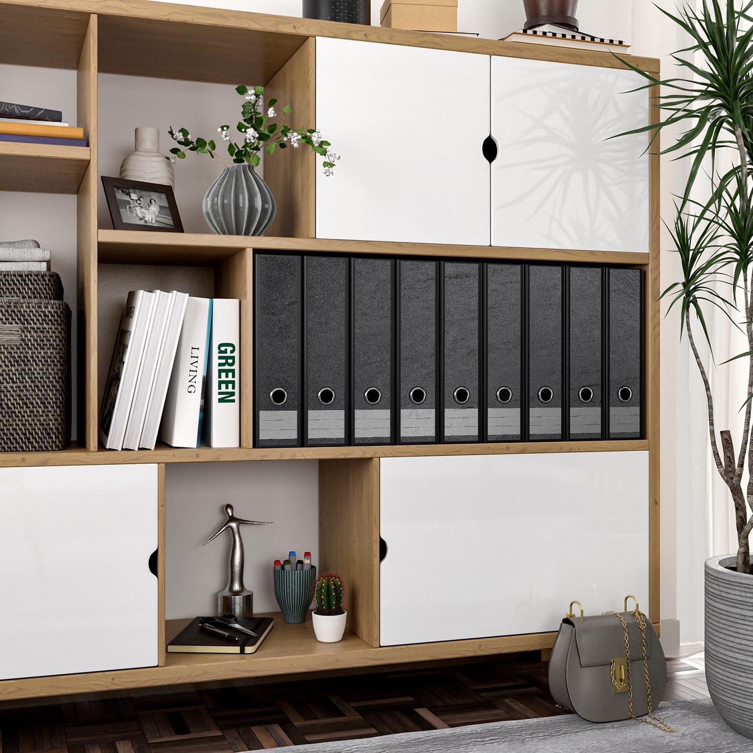 Wallario 9 Stück breite Ordner inkl. Klebeetiketten mit Motiv Schwarze Schiefertafel Optik - Steintafel - Set mit Rückenschildern/Ordnerrücken Stickern
