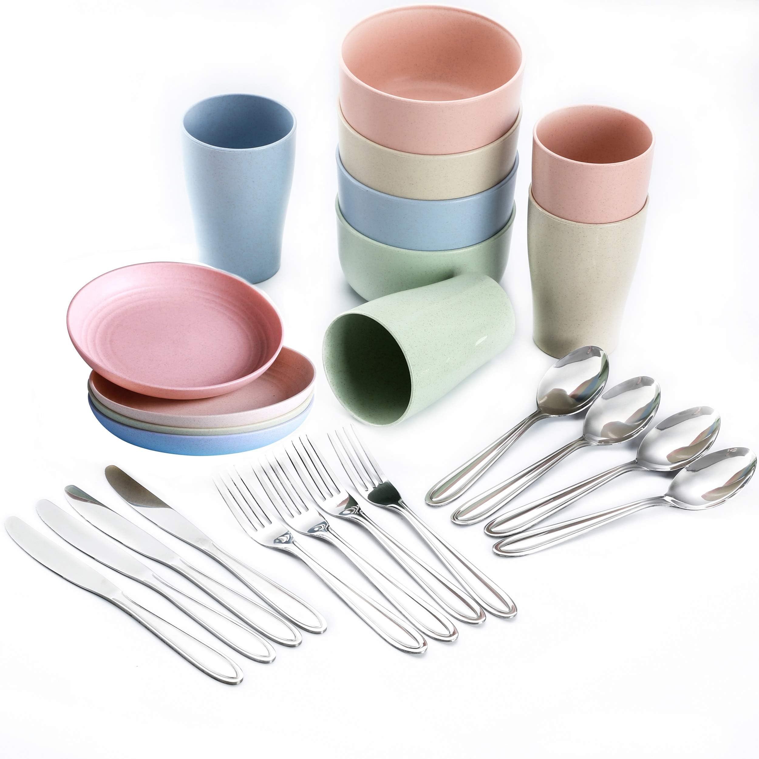 24-Piece Camping Dinnerware Tableware Set for 4 Persons.Lightweight Wheat Straws Plate Cup Bowl Dish Stainless Steel Messware Kit Spoon Fork Knife