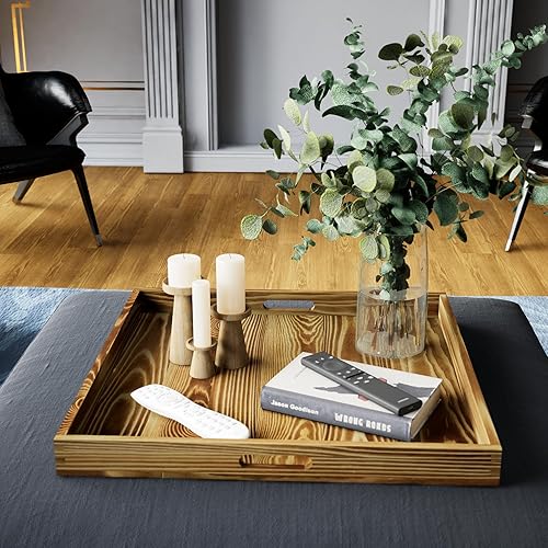 Miniatura 3 de Hanobe Bandeja otomana cuadrada grande bandeja extra grande para servir con asas, bandejas decorativas de madera rústica, mesa auxiliar, decoración