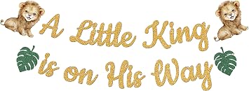A Little King is on His Way Banner, Lion Welcome Baby Boy Party Banner, Safari Jungle Baby Shower Party Decorations Gold Glitter