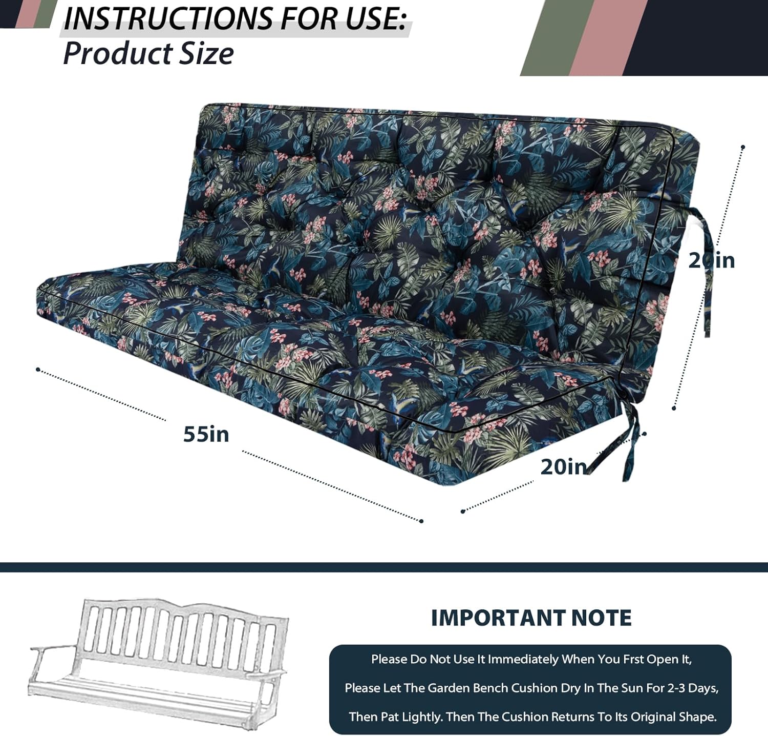 Outdoor Swing Cushions, Waterproof Porch Swing Cushions 3 Seater Replacement with Backrest, 4" Thicken Bench Cushion with Ties for Backyard, Patio, Lawn and Garden (Hummingbird, 55 inch)