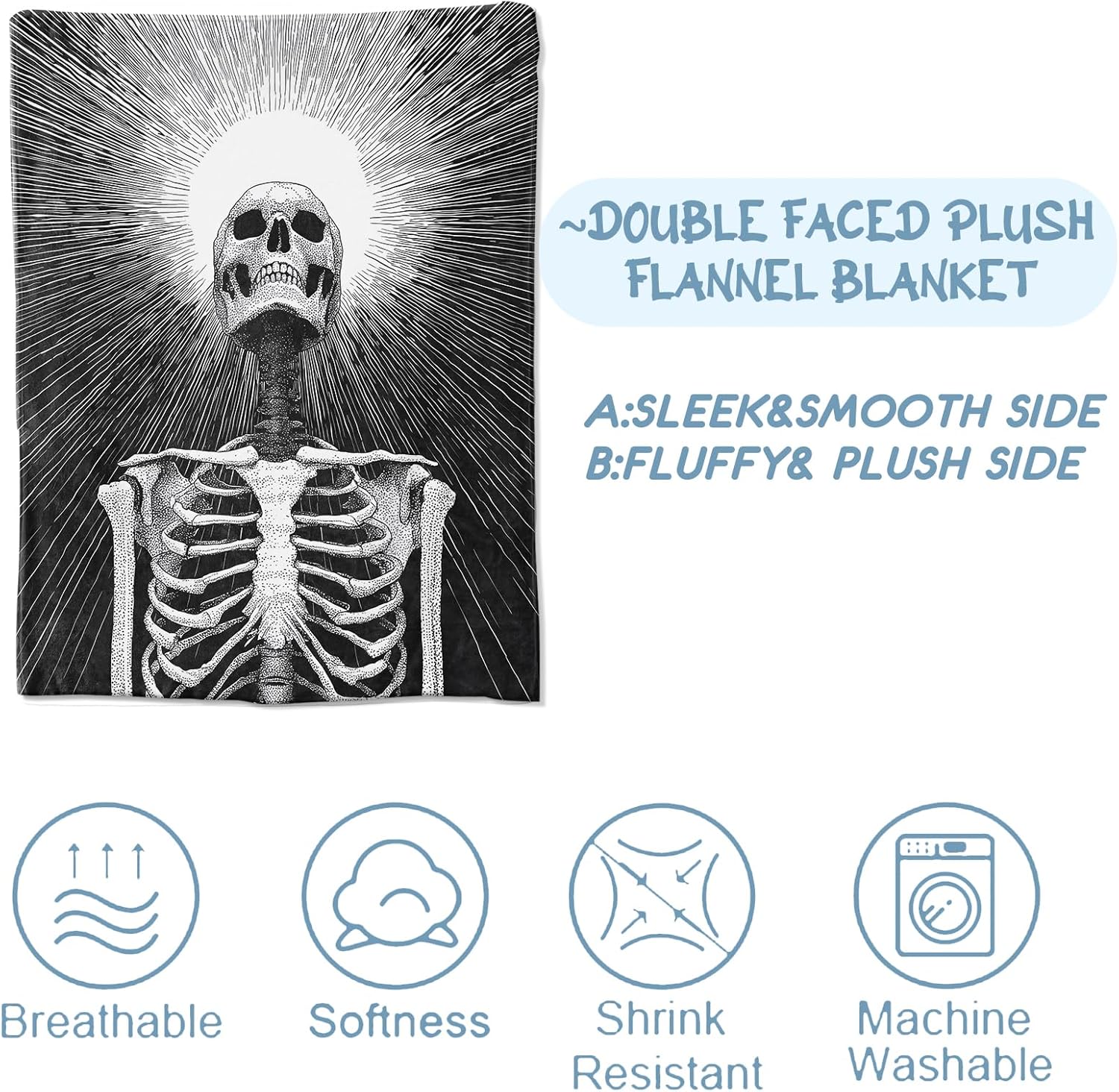 Gothic Skeleton Fleece Blanket, Soft Throw with Black and White Skull, Lightweight Cozy Blankets for All Seasons, Goth Dramatic Home Decor and Gifts for Halloween and Adults, 50x60 Inch - Image 3