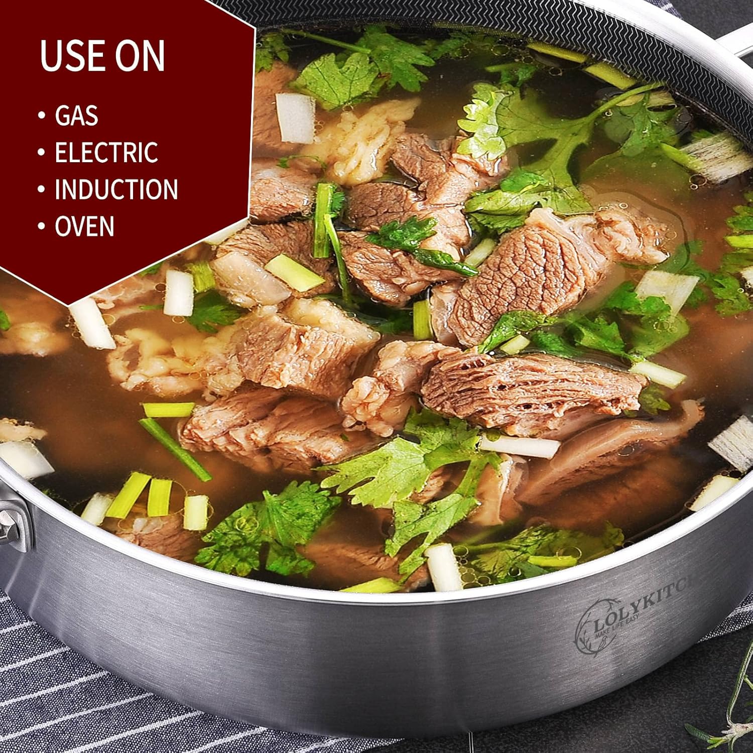 LOLYKITCH 3 QT Tri-Ply Stainless Steel Non-Stick Sauté Pan with Lid,Small Skillet,Jumbo Cooker,Induction Cooking Pan,Dishwasher and Oven Safe.