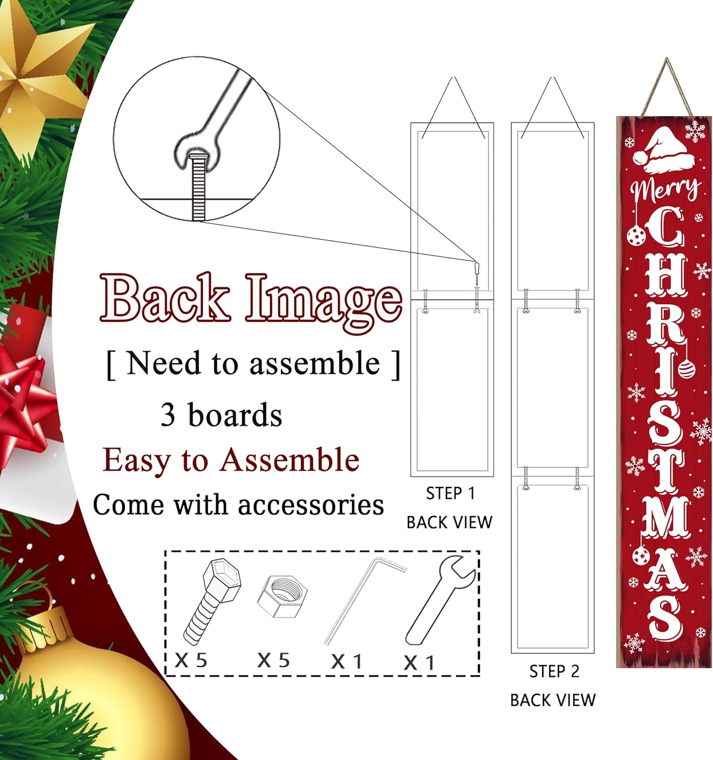 Merry Christmas Porch Sign 47'' Large Xmas Wooden Welcome Sign Front Door Hanging Welcome Sign for Home Front Door Yard Party Decor