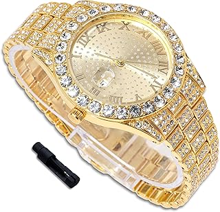 richhut 아동용 청소년용 럭셔리 다이아몬드 시계 - 아이스 아웃 블링 18K 리얼 골드/플래티넘 도금 - 43mm 라운드 다이얼 스트랩 20.3cm(8인치) - 조절 도구 포함 - 쿠바 체인 옵션, 18k 골드 시계, 패션