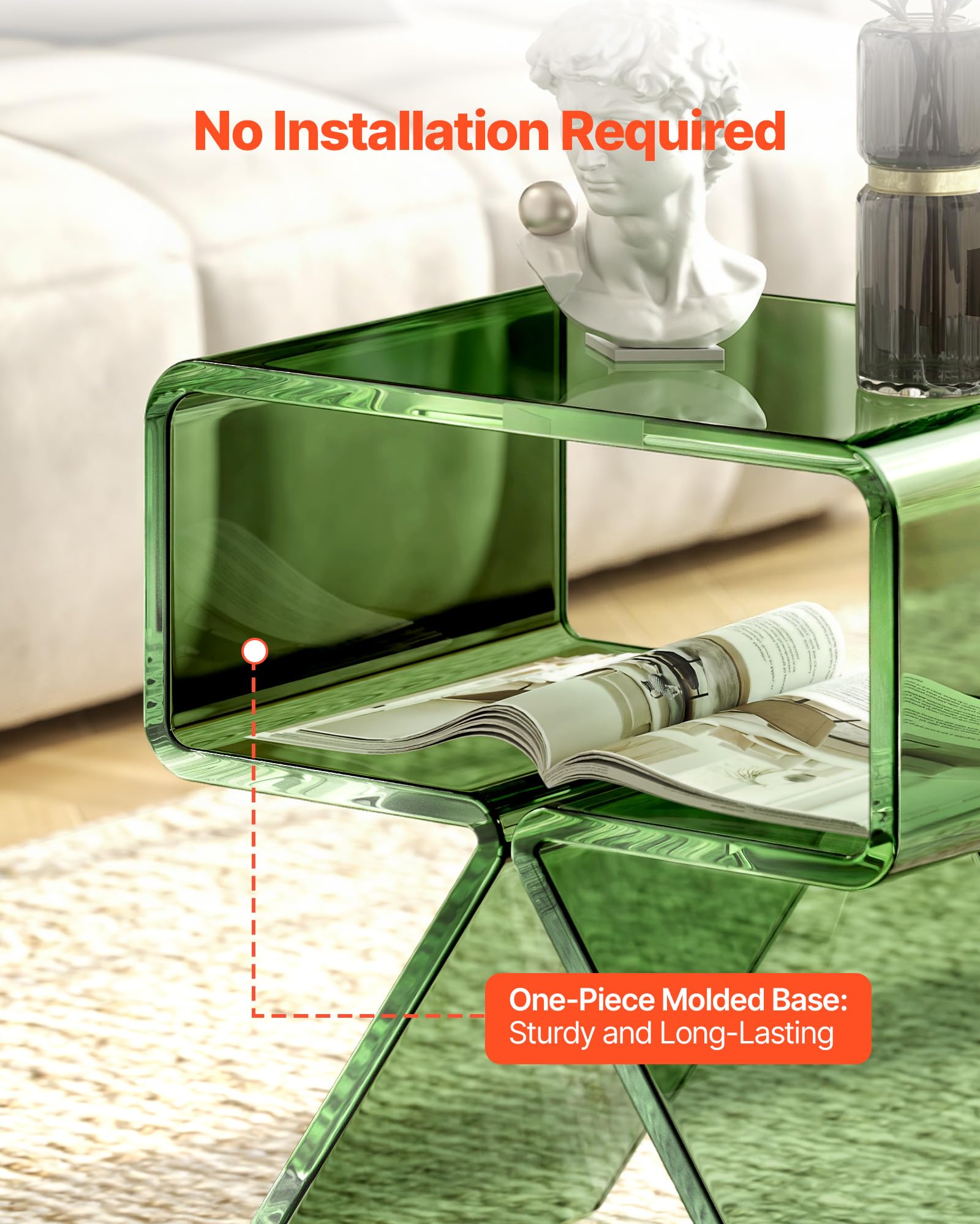 VEVOR Tavolino in Acrilico con Ripiano, Tavolo da Caffè per Soggiorno, Camera da Letto, Decorazione per la Casa, 30 x 39,1 x 43 cm, Moderno Tavolino da Divano Rettangolare in Acrilico, Verde