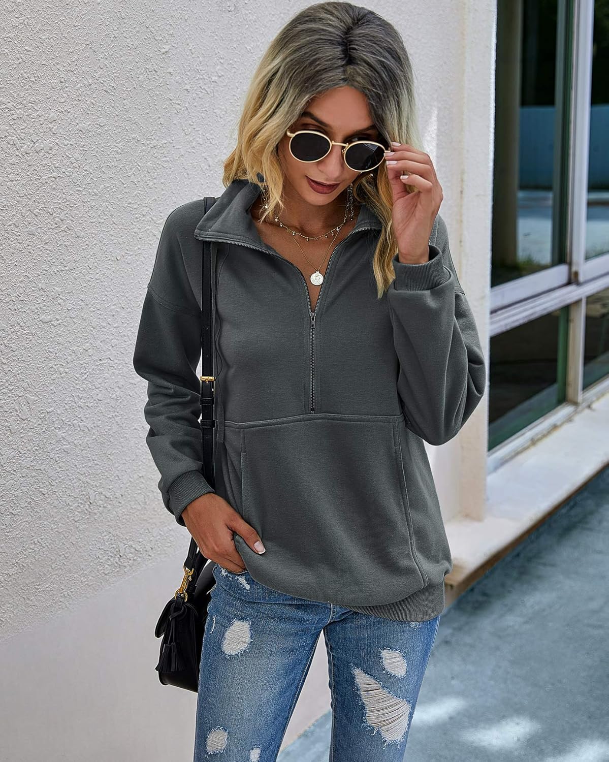 PRETTYGARDEN Women's Casual Long Sleeve Lapel Zipper Sweatshirt Drawstring Loose Pullover Tops - Image 3