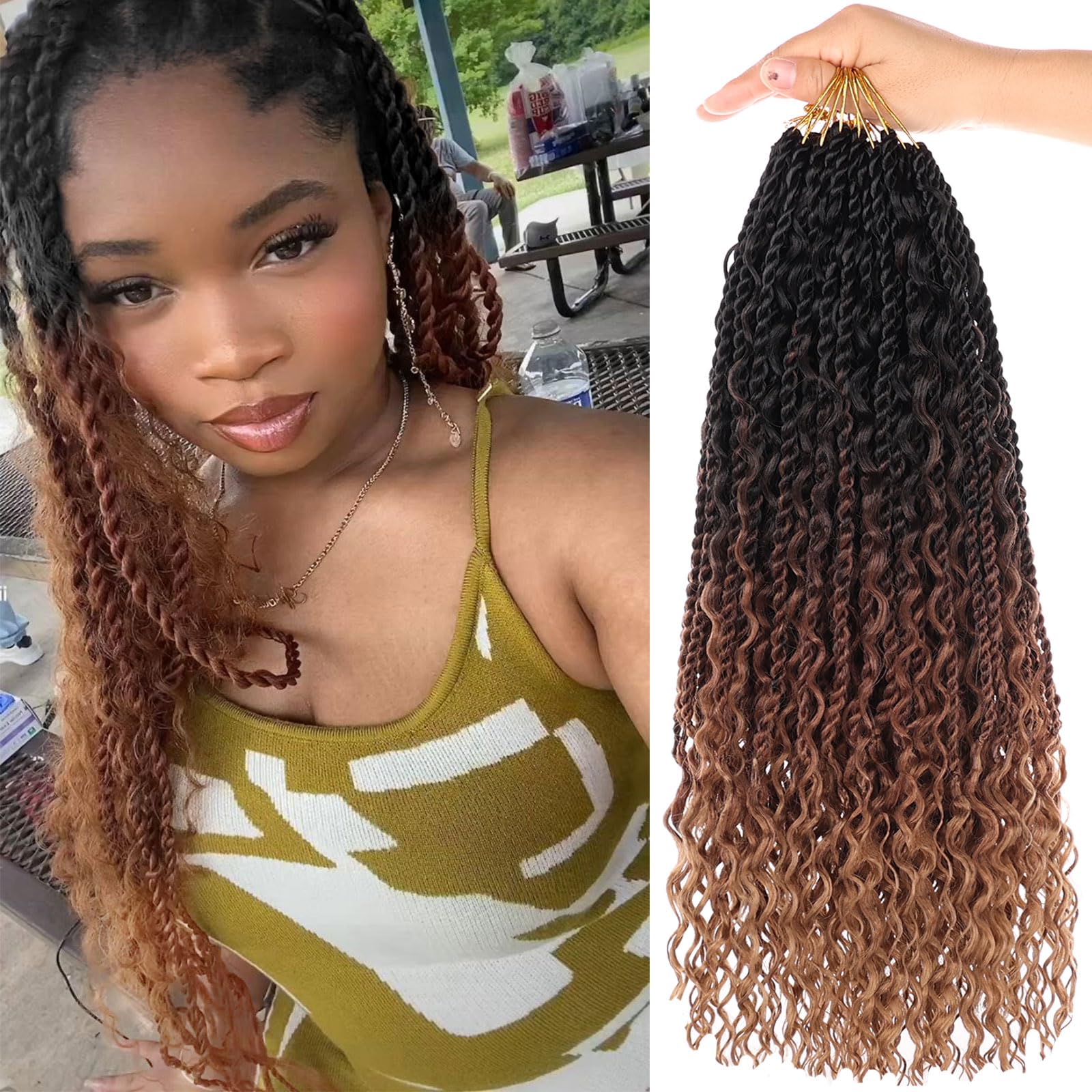 ZRQ 9 Packs Senegalese Twist Crochet Hair Boho Island Twist Crochet Hair 18 Inch Pre Looped Synthetic Braiding Hair with Curly Ends for Black Women