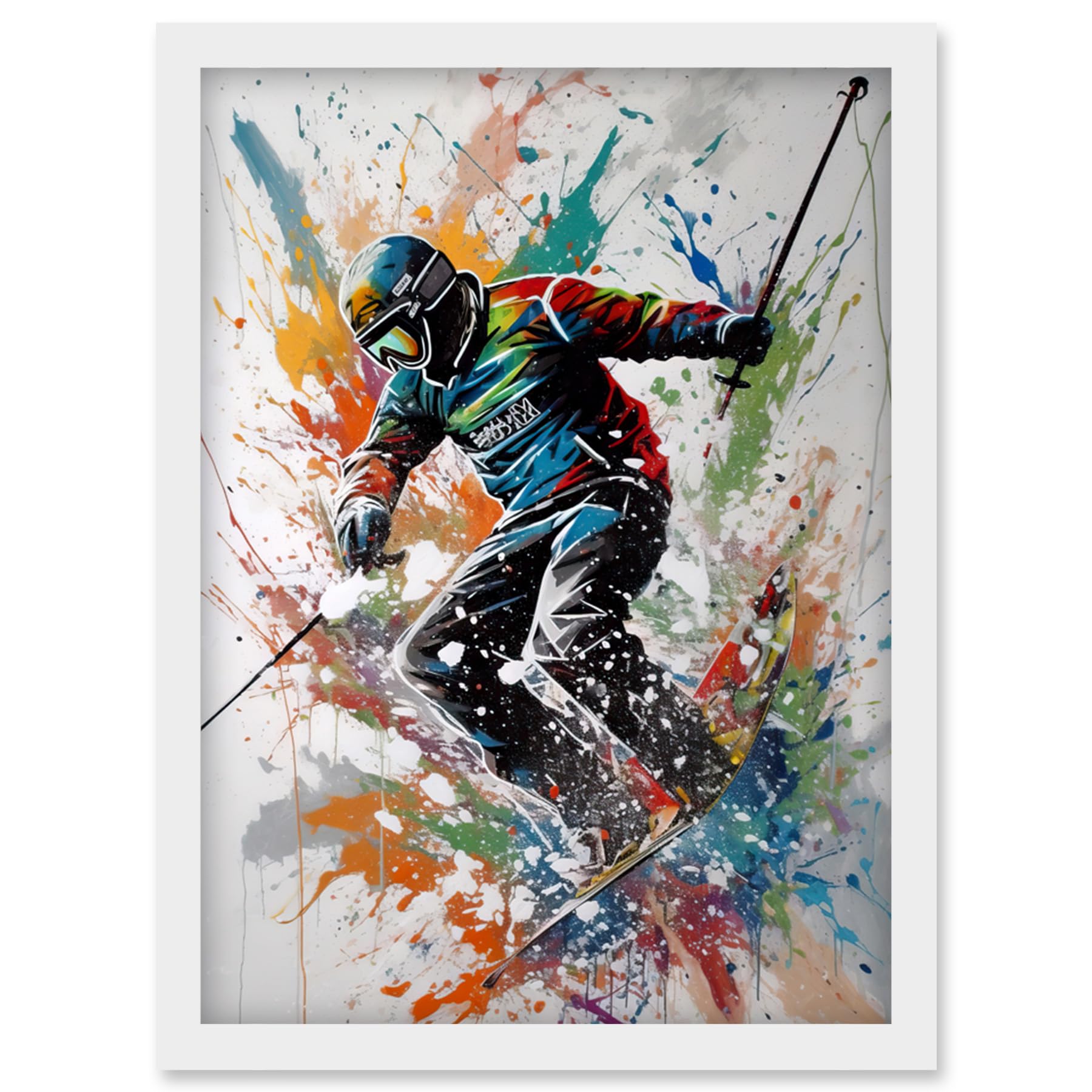 Artery8 Skier Skiing Multicoloured Paint Splat Action Shot Artwork Framed Wall Art Print A4