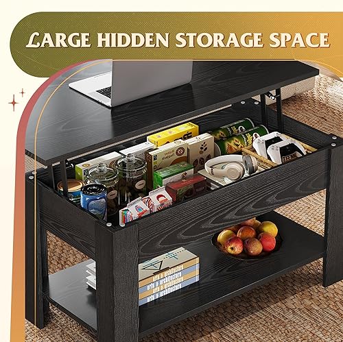 Miniatura 10 de WLIVE Mesa auxiliar, mesa de centro elevable de 47 pulgadas con compartimento oculto y 2 estantes de almacenamiento para sala de estar, espresso