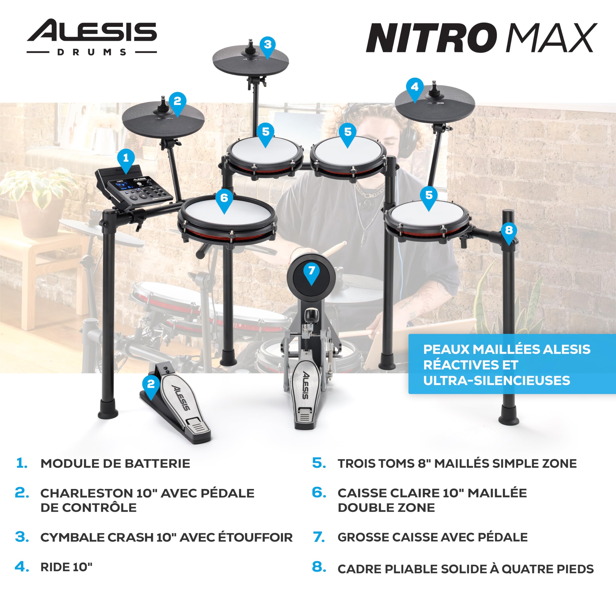 Alesis Nitro Max Kit Batterie Électronique de 10 pièces avec Pads en Maille Silencieuse, Caisse Claire 10" Dual Zone, Bluetooth, 440+ Sons Authentiques, Drumeo, USB MIDI, Pédale de Kick