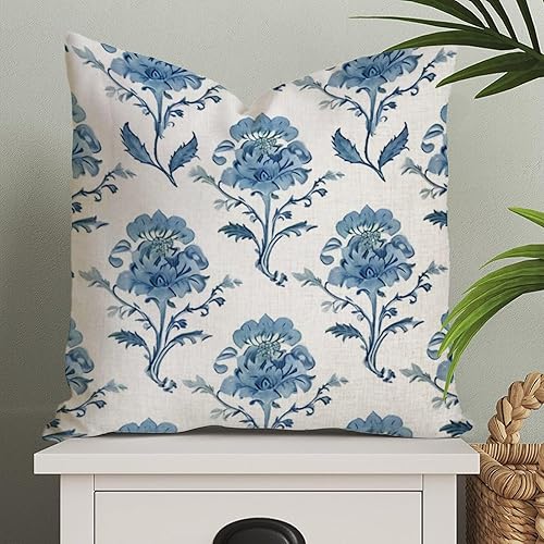 Mughal Flower Monsoon - Fundas de almohada chinoiserie, funda de almohada asiática, funda de cojín azul, 16 x 16 pulgadas, funda de almohada
