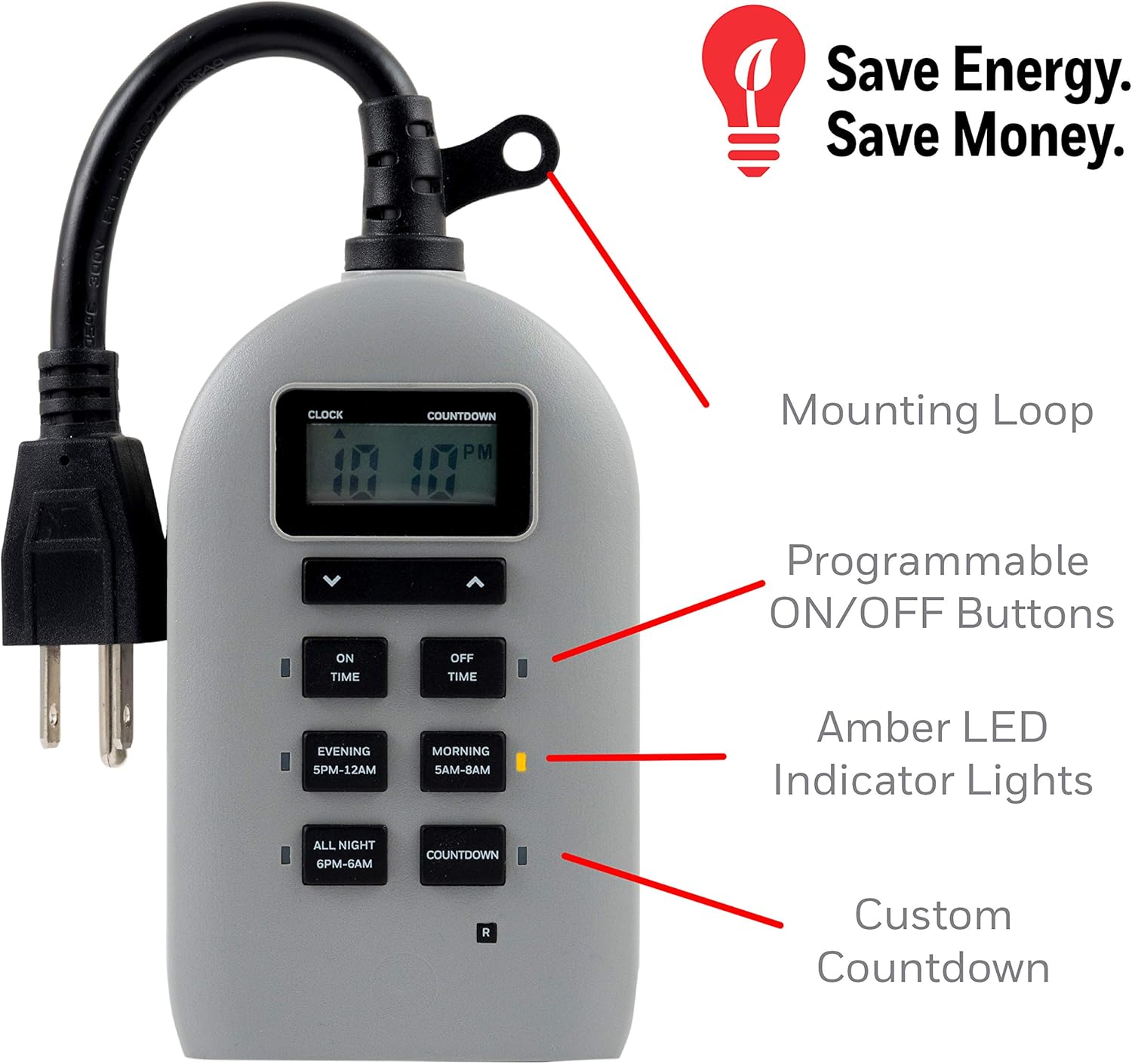 UltraPro 24-Hour Digital Timer, Dual Plug-in, 2 Grounded Outlets, Custom ON/Off, Simple Daily Presets/Countdown, Ideal for Indoor, Outdoor, LED, Landscape, Seasonal Lighting, 40957, Gray - - 
