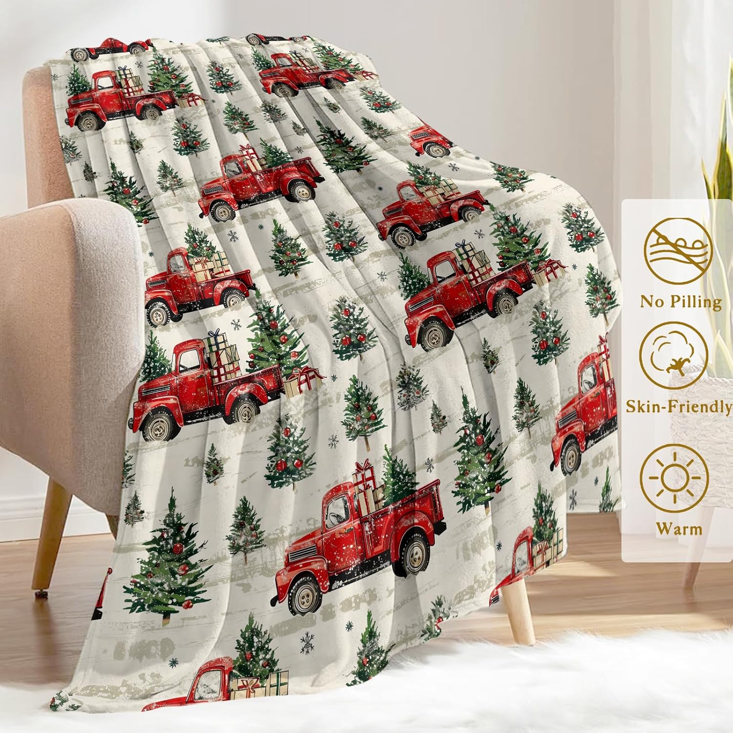 Vintage Red Truck Christmas Throw Blanket- Ultra Soft, Fleece, Lightweight,Classic Trucks,Trees Retro Blankets,for Couch Room Bedroom,Rustic Holiday Decor,Gifts for Kids Girls 50x60in