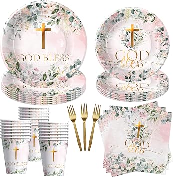 God Bless Baptism Decorations Tableware Girl - First Communion Decorations Supplies, Plate, Cup, Napkin, Fork, Baptism Plates And Napkins Set For Christening Baby Shower Religious | Serve 24