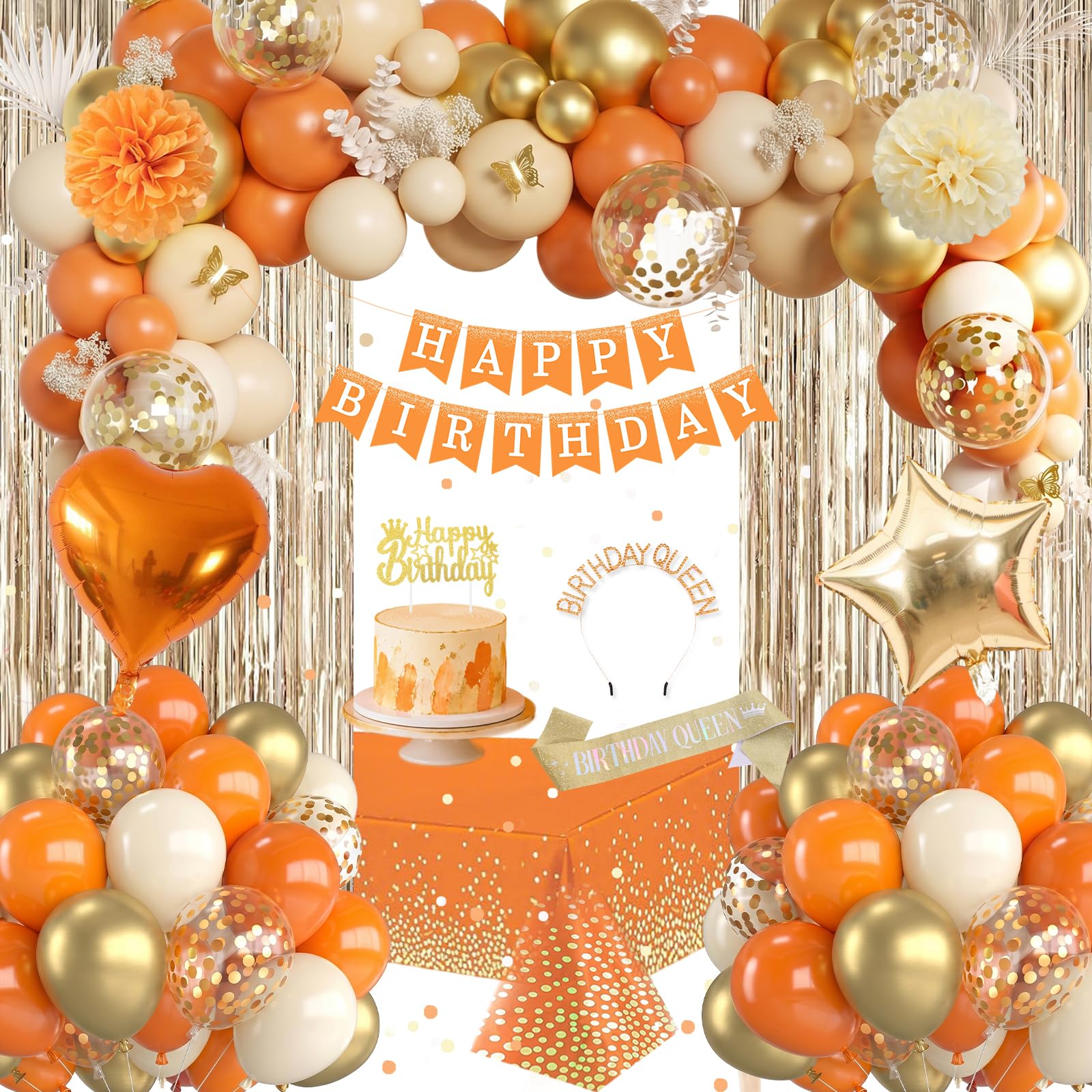 Orange Birthday Decorations, Premium Reusable Orange and Gold Party Decorations Set - Happy Birthday Banner, Latex Balloons, Fringe Curtain, Tablecloth, Sash, Crown, Pom Poms for Women