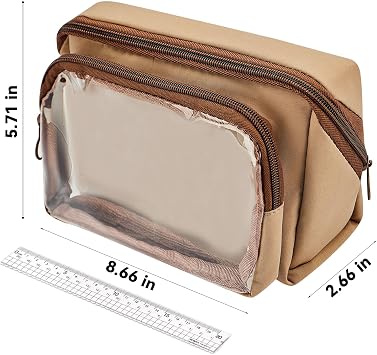 Pencil Case - Removable Clear Large Capacity Aesthetic Pencil Pouch with Sturdy Zipper, Canvas Stationery Organizer Pen Pouch with Compartments for College, office, Travel(Coffee)