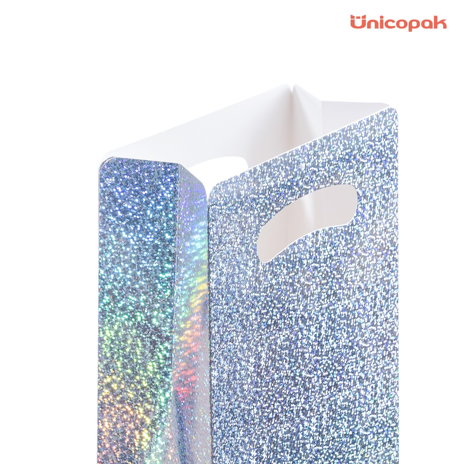 UnicoPak 16 Pack Premium Iridescent Party Favor Bags - 6x3x9 Glitter Goodie Bags for Birthday Party, Wedding - Sturdy Holographic Gift Bags with Auto-lock Bottom, Customizable for Treats & Cookies
