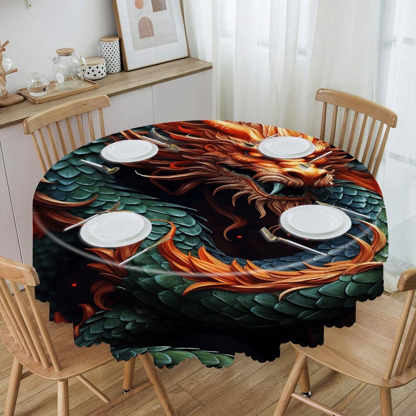 VstaDank Chinese Dragon Round Tablecloth Premium Polyester Table Cloth Heavy Duty Washable Fabric Tablecloth Waterproof Holiday Table Cover Decorative Tablecloths for Dining 60"