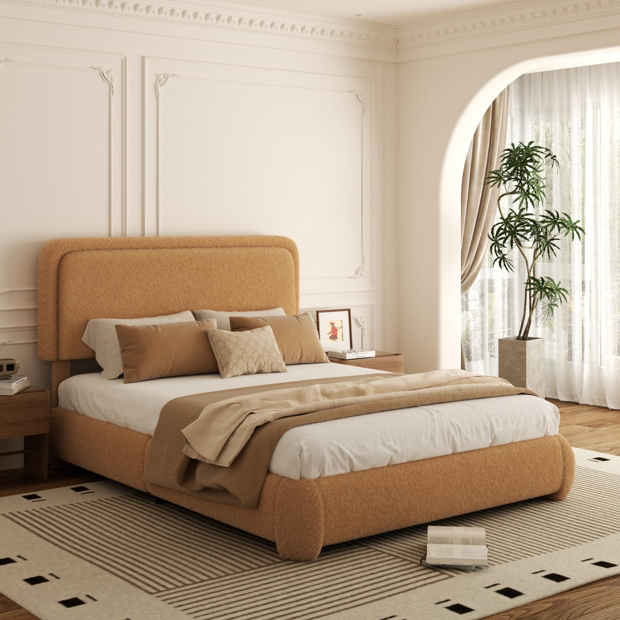 Konprosp Full Bed Frame, Teddy Velvet Boucle Bed Frame with 43.3"/45.3" Adjustable Upholstered Headboard, Rounded Corners, Mattress Foundation, No Box