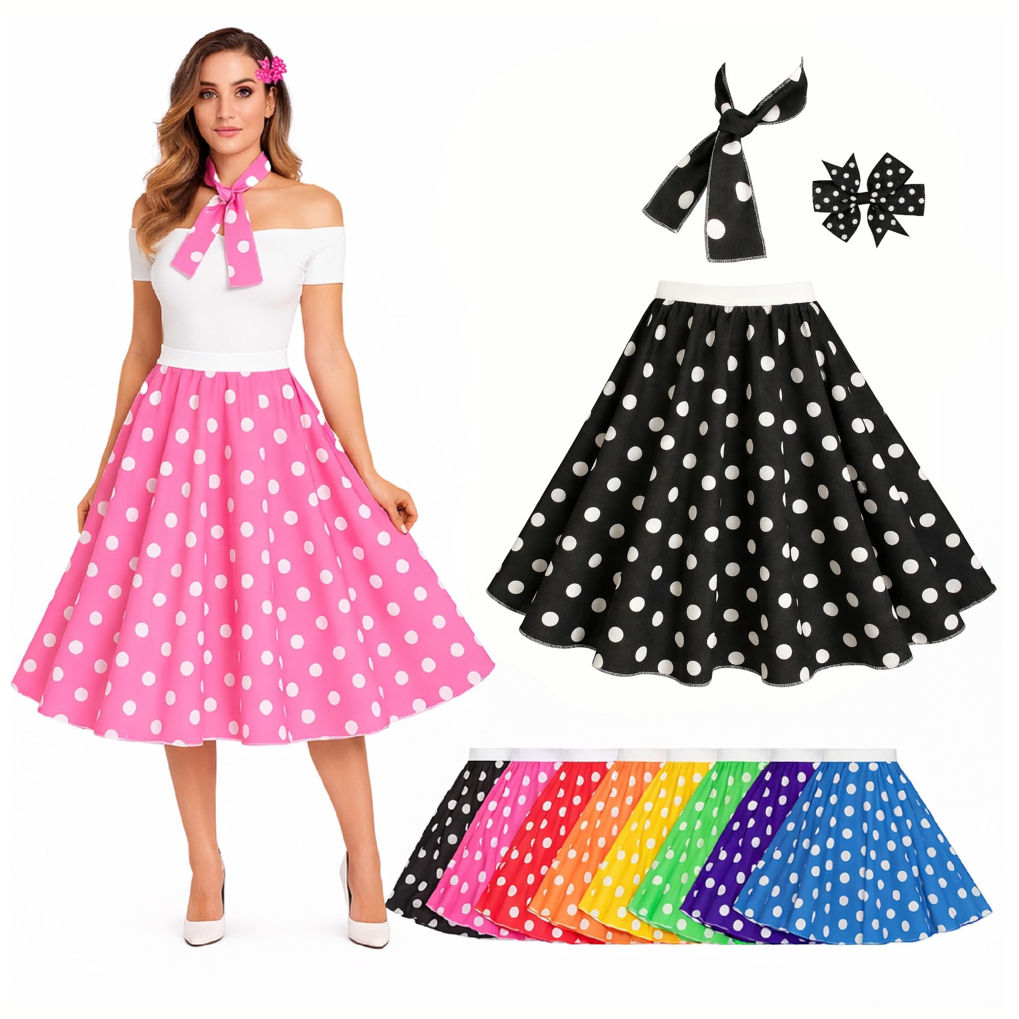 Isp Inspired Costumes Black And White Polka Dot Rock N Roll Skirt 50S Fancy Dress Costume Skirt With Necktie And Hairbow (Uk, Alpha, Xl, Xxl, Regular, Regular, )
