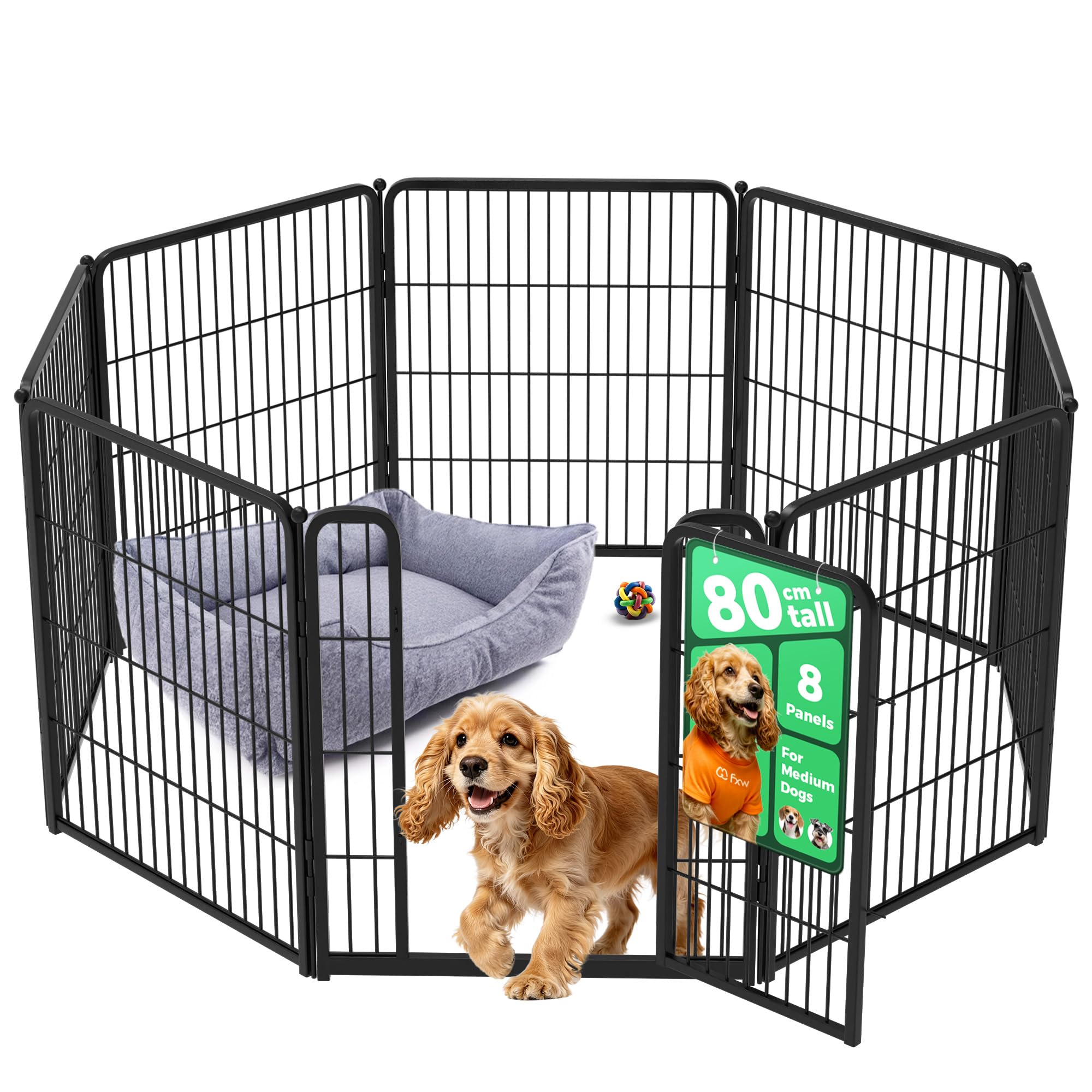 fxw Homeplus Unleashed Indoor Dog Playpen - Stress-Free and Safe Play, Heavy Duty 80cm Height 8 Panels Dog Pen for Small and Medium Dogs, Black│Patent Pending