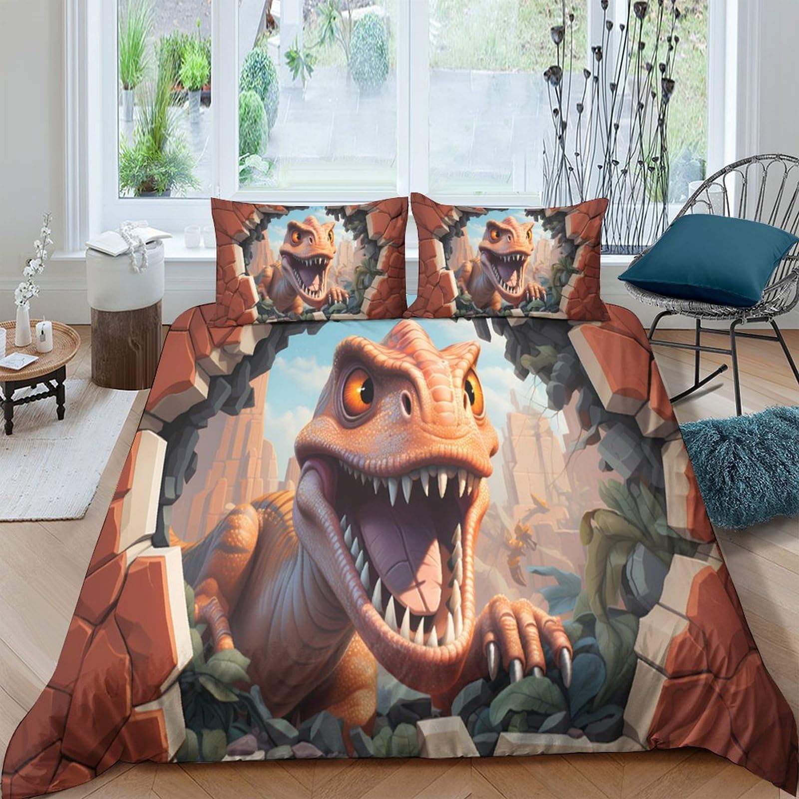 TUFRTGYHN 3D Printed Dinosaur Adventure Duvet Cover Microfiber Soft Breathable T-Rex Bedding Set with 2 Pillowcases for Bedroom Decor Single（135x200cm）