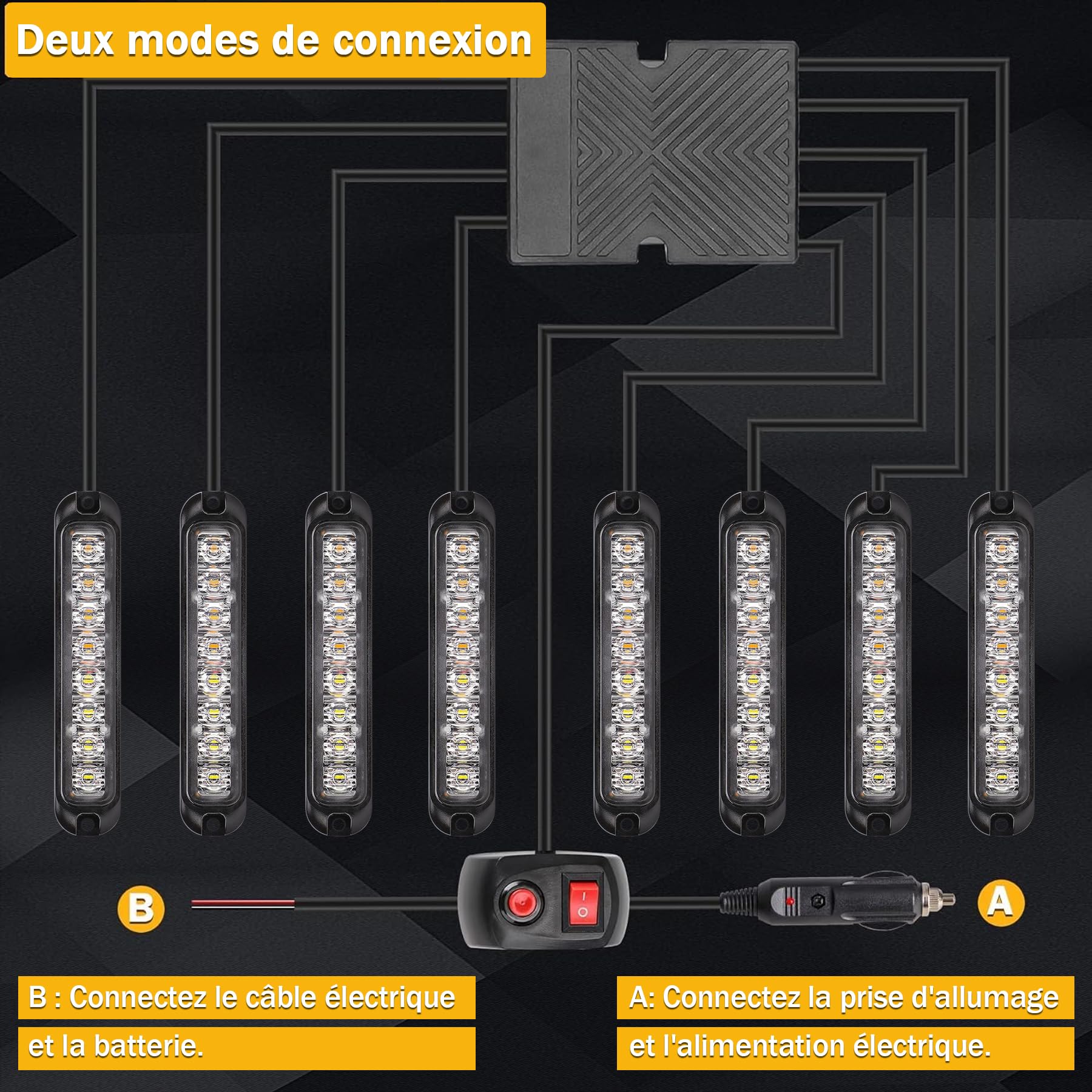 Feux de Pénétration LED Orange Blanc 12/24V, 8×8 LED, 14 Modes | IP65 étanche, adapté aux conditions difficiles, avec feu stroboscopique LED orange pour camions et voitures
