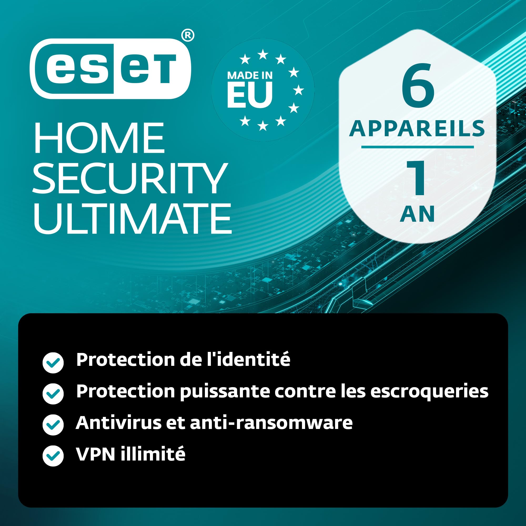 ESET HOME Security Ultimate 2026 | 6 appareils | 1 an | Suite de sécurité, VPN, Protection de l'identité, Sécurité des données, Remédiation contre les ransomwares | Clé d'activation par e-mail