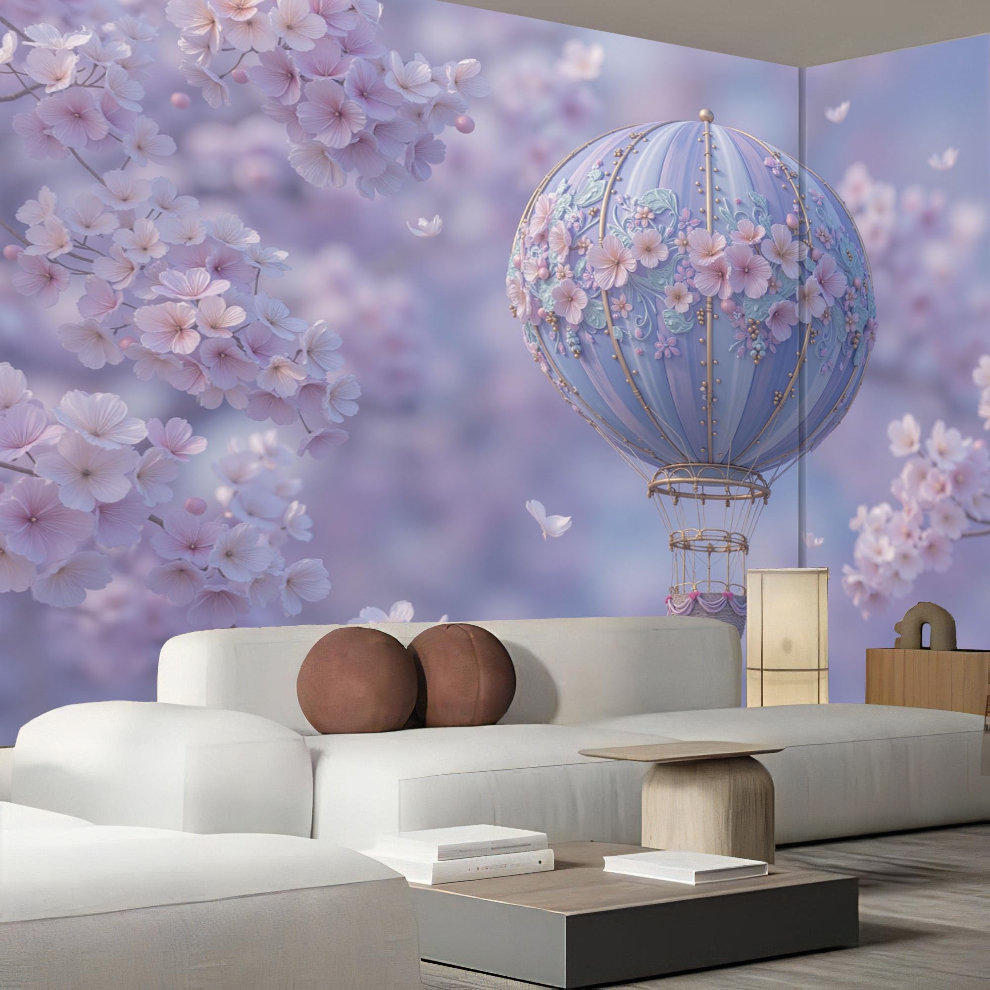 Papier Peint Panoramique Montgolfière Sakura, 250X175Cm (Lxh), Tapisserie Poster Geant Mural Rose Blush, Personnalisé 3D Pour Salon Chambre D'Enfants Décoration Murale Paysage De Rêve